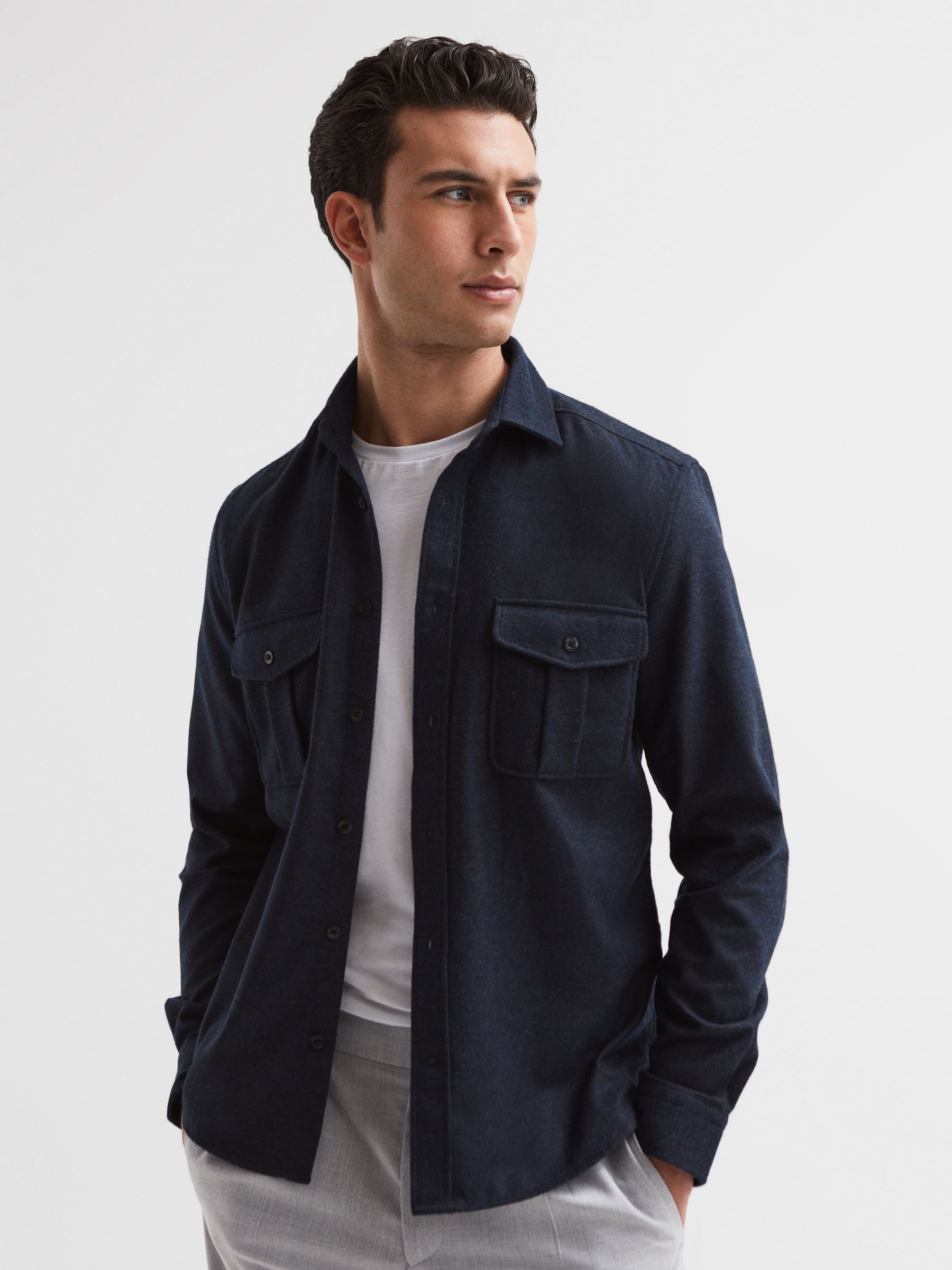 Brushed Twin Pocket Overshirt in Navy - Image 1 of 7