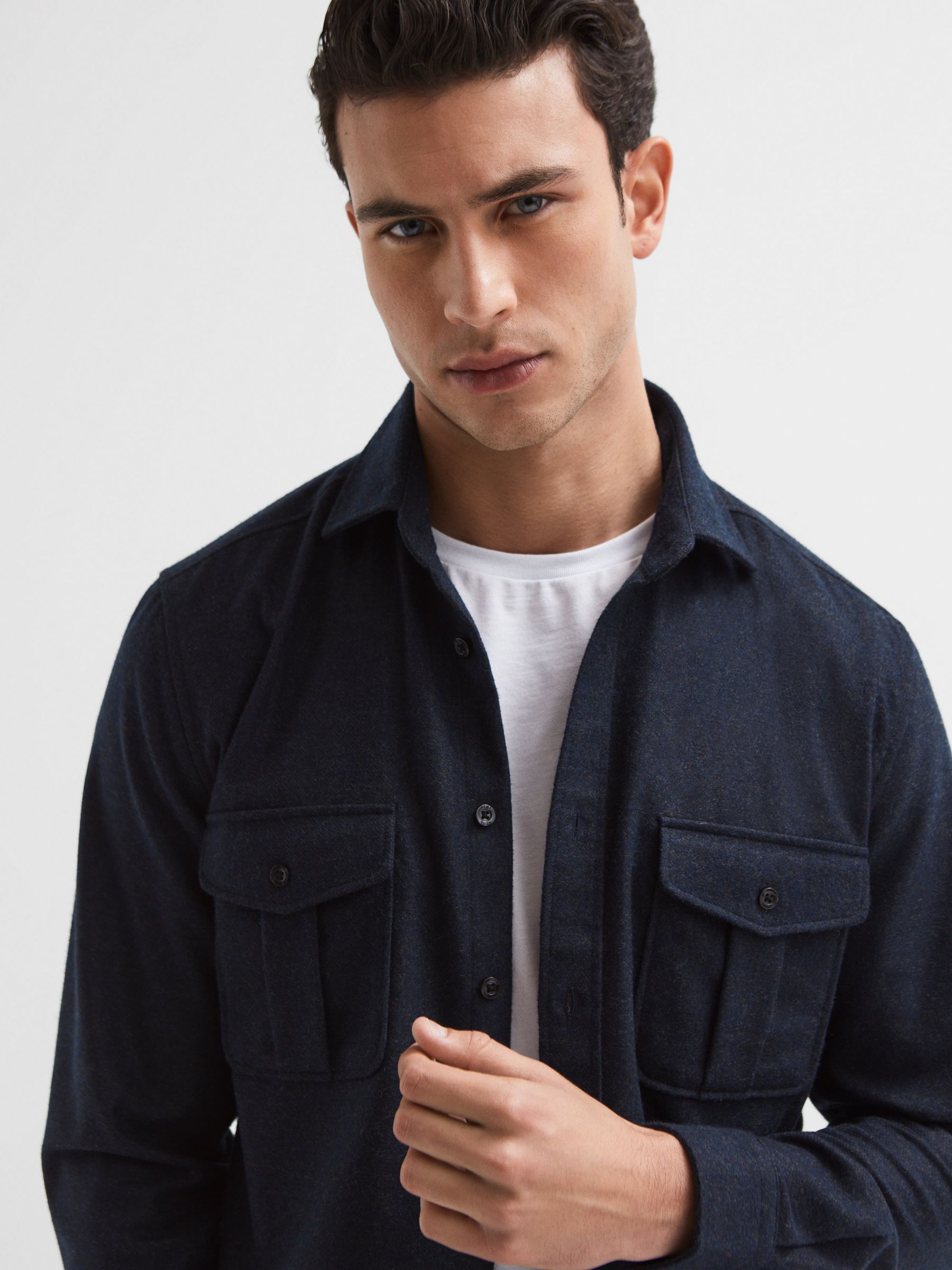 Brushed Twin Pocket Overshirt in Navy - Image 4 of 7