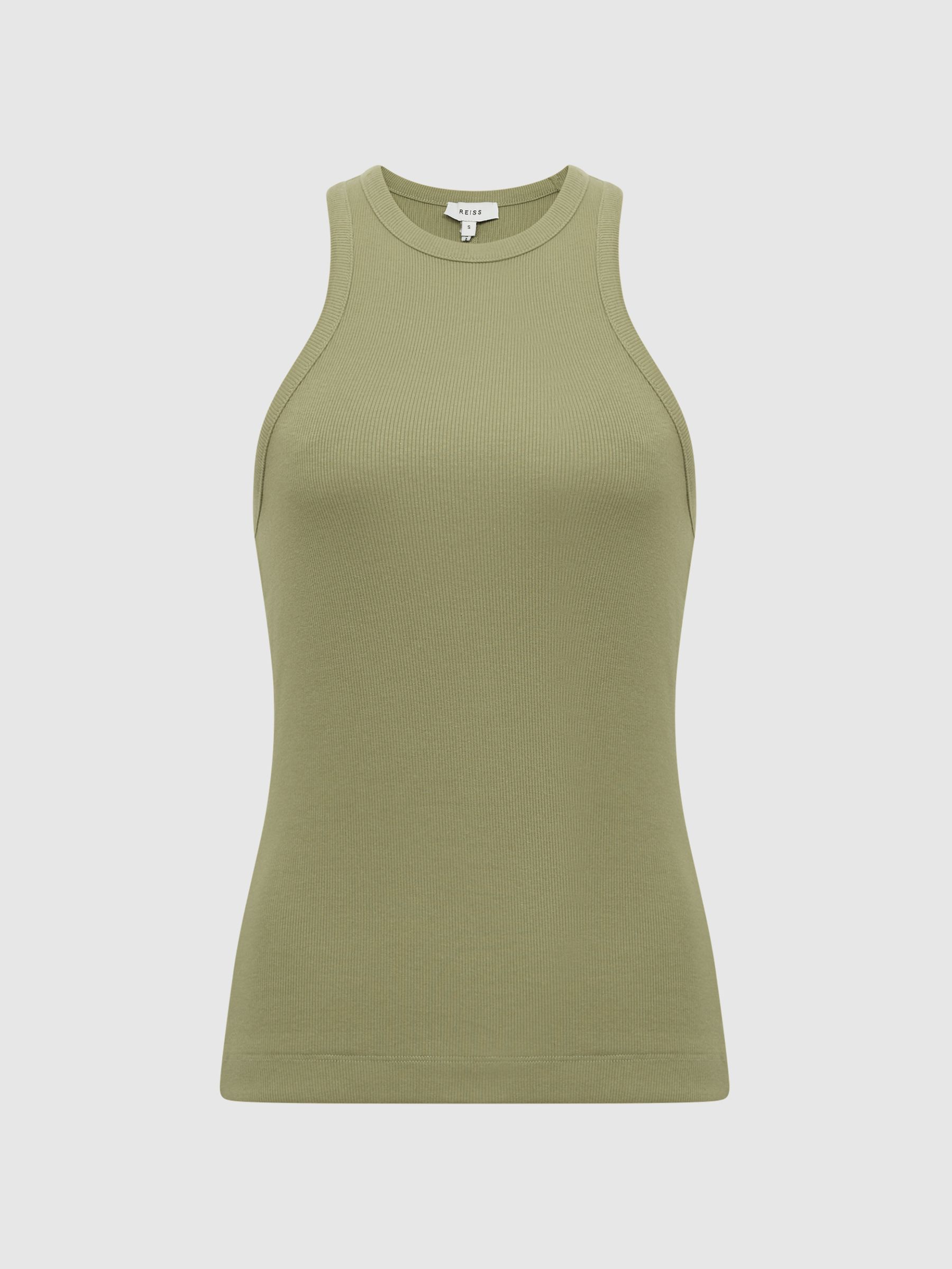 Crew Neck Ribbed Racer Vest Top in Khaki - Image 2 of 5