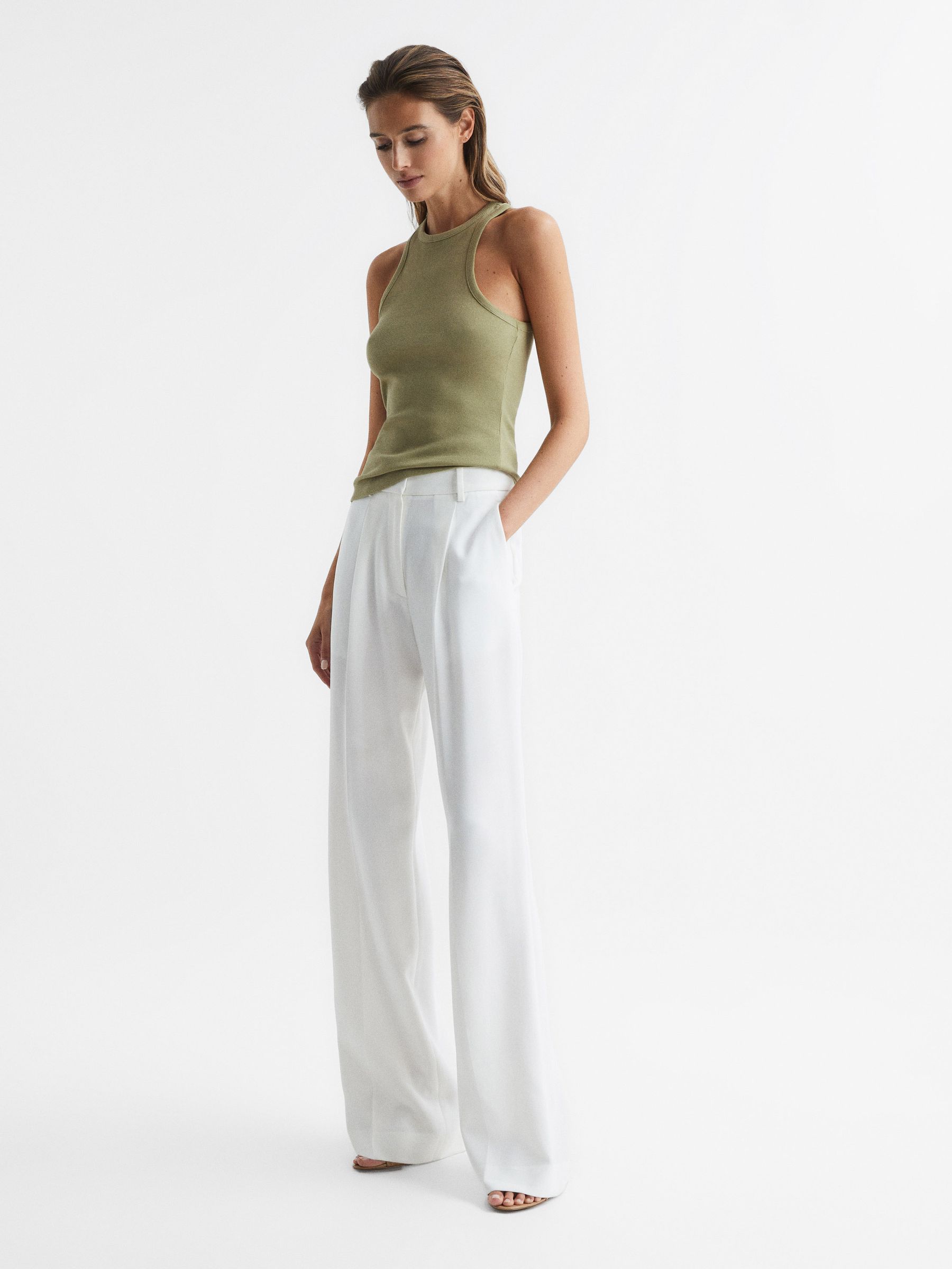 Crew Neck Ribbed Racer Vest Top in Khaki - Image 3 of 5