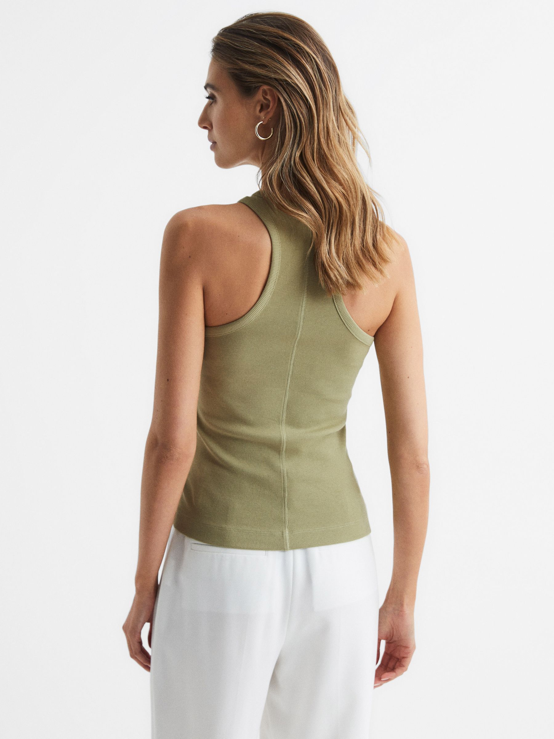 Crew Neck Ribbed Racer Vest Top in Khaki - Image 5 of 5