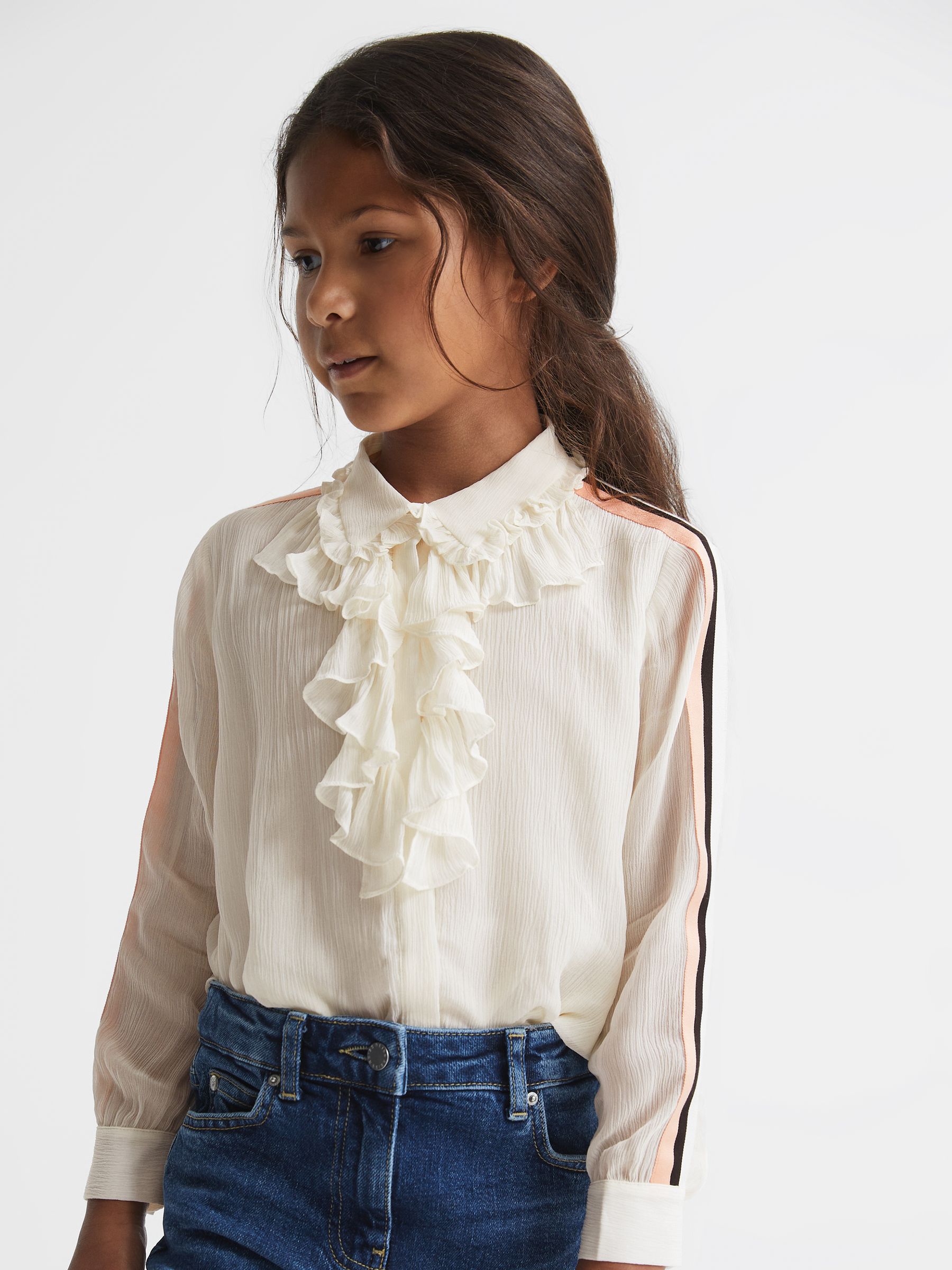 Junior Ruffle Front Stripe Detail Blouse in Cream - Image 1 of 7
