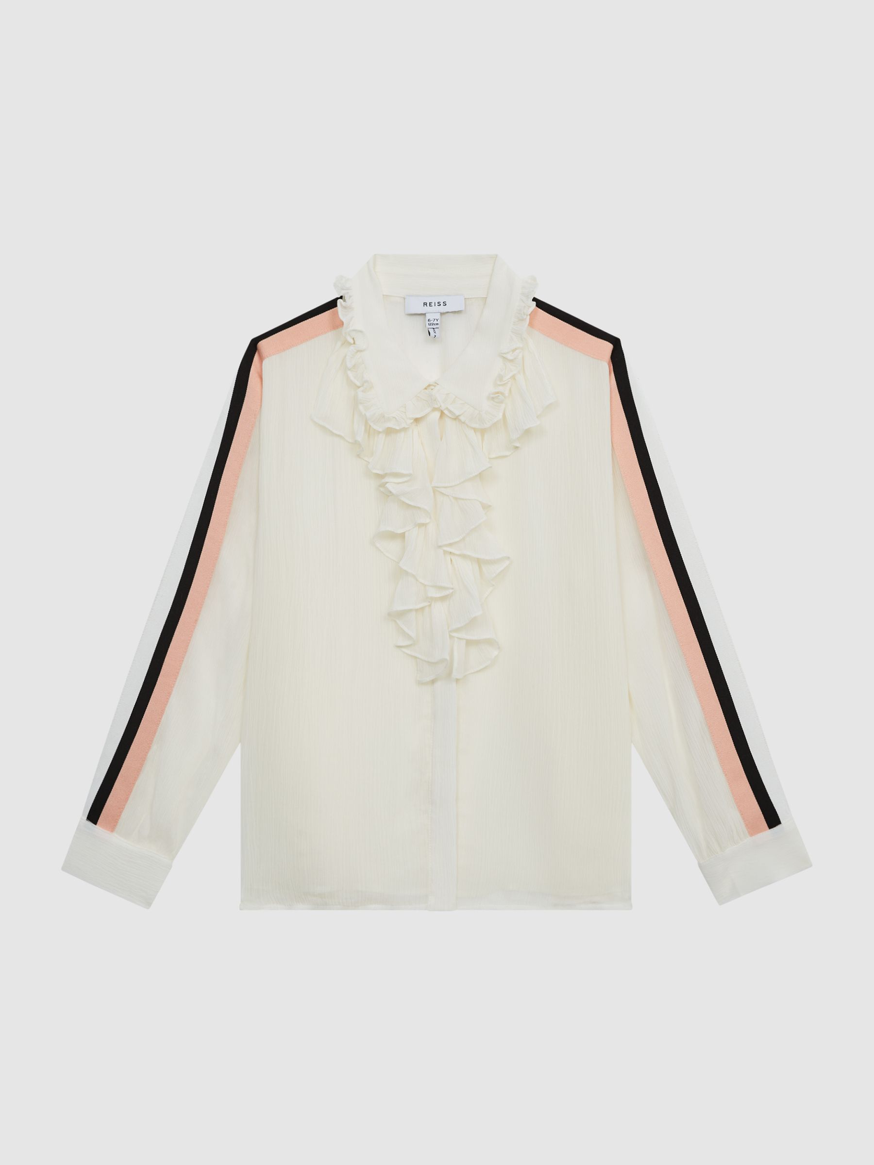 Junior Ruffle Front Stripe Detail Blouse in Cream - Image 2 of 7