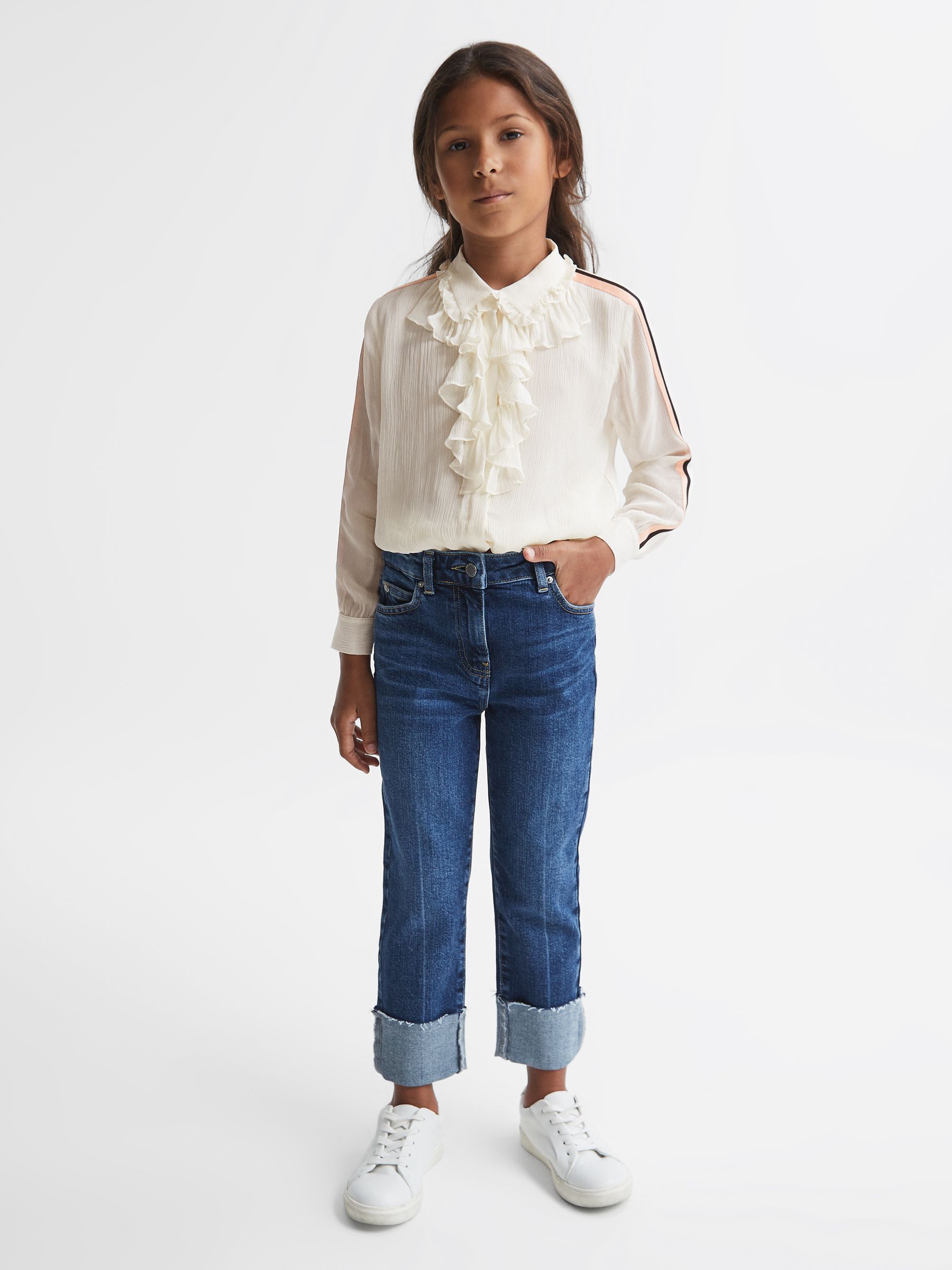 Junior Ruffle Front Stripe Detail Blouse in Cream - Image 3 of 7