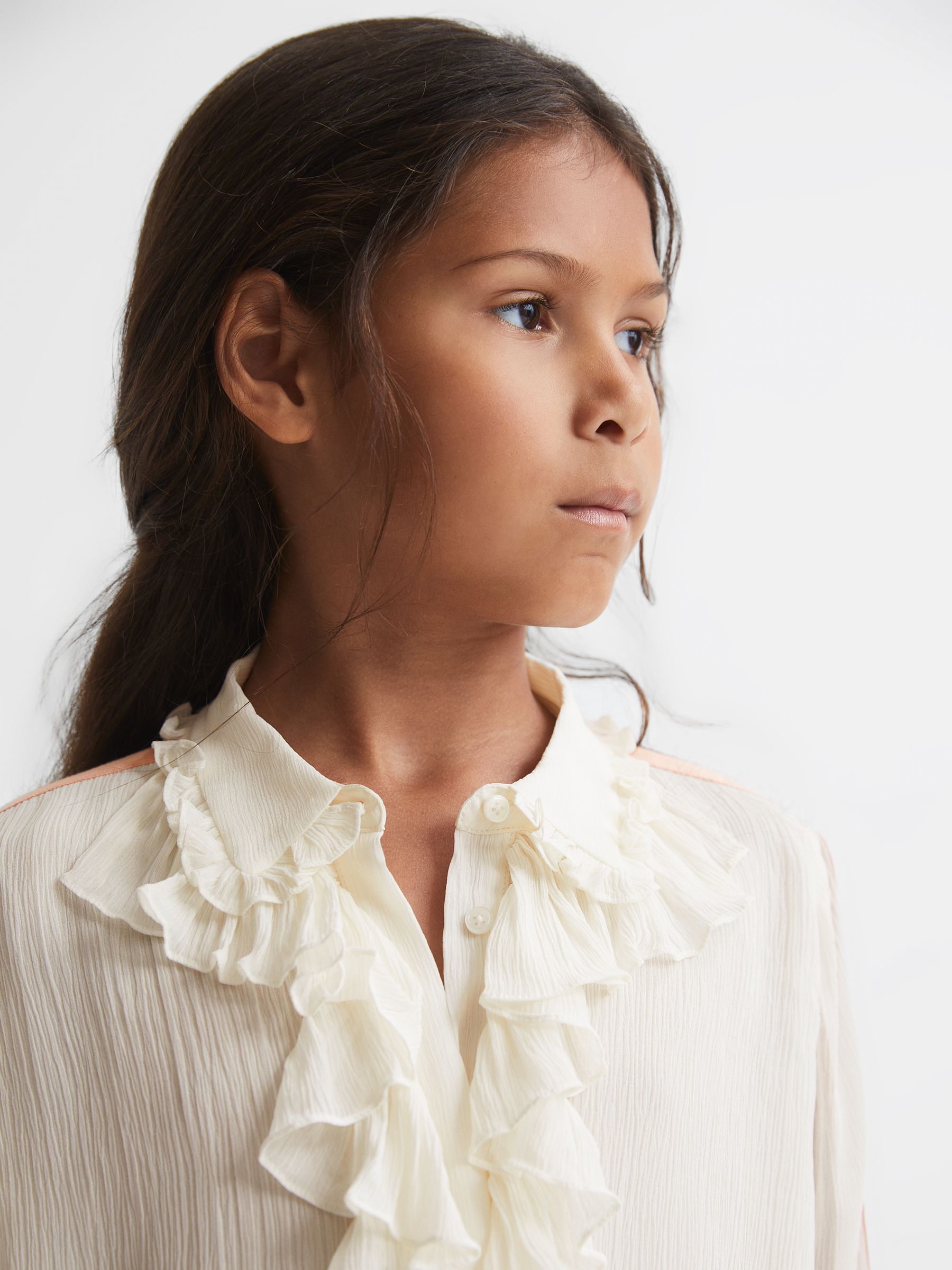 Junior Ruffle Front Stripe Detail Blouse in Cream - Image 4 of 7
