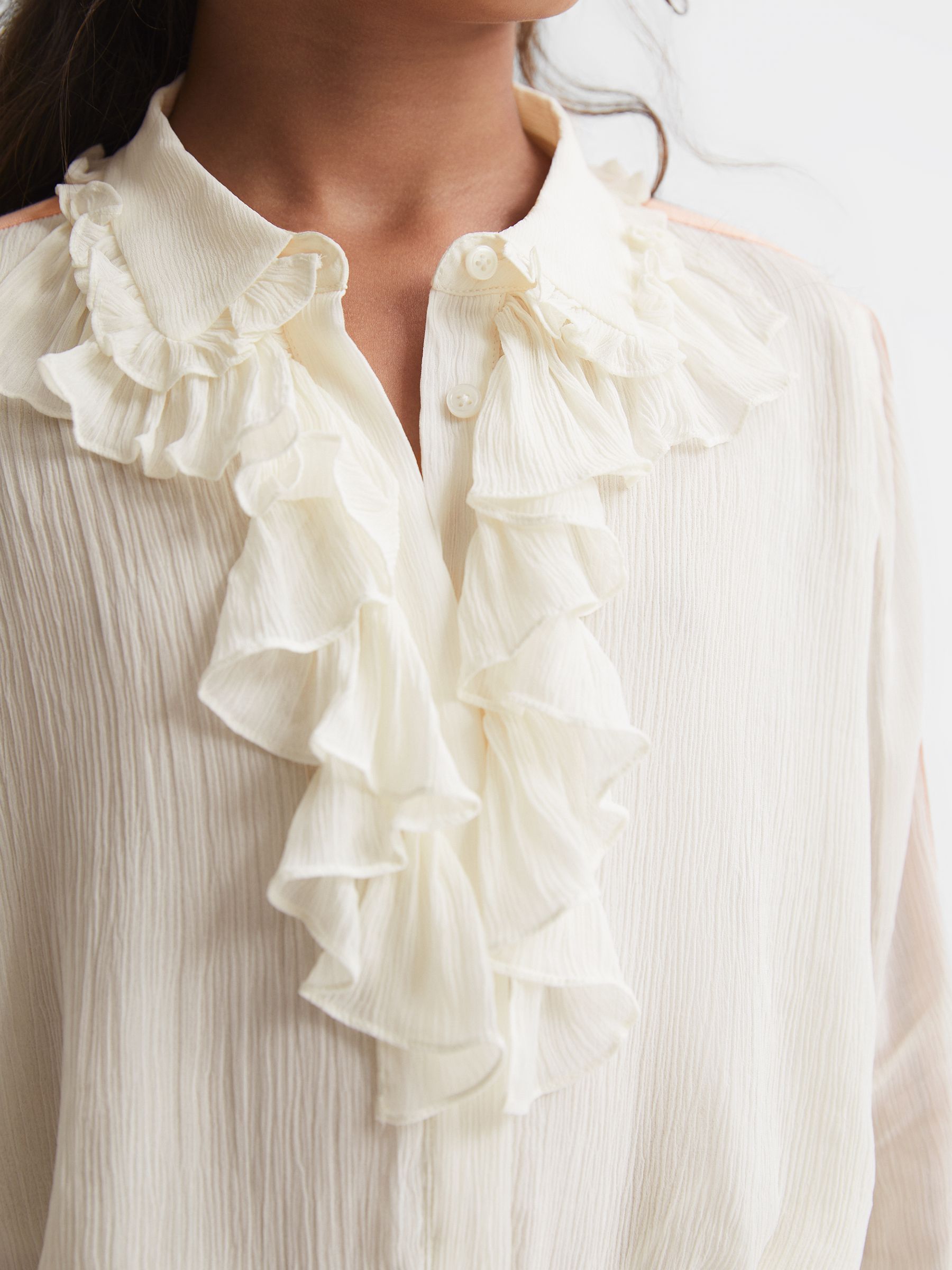 Junior Ruffle Front Stripe Detail Blouse in Cream - Image 6 of 7
