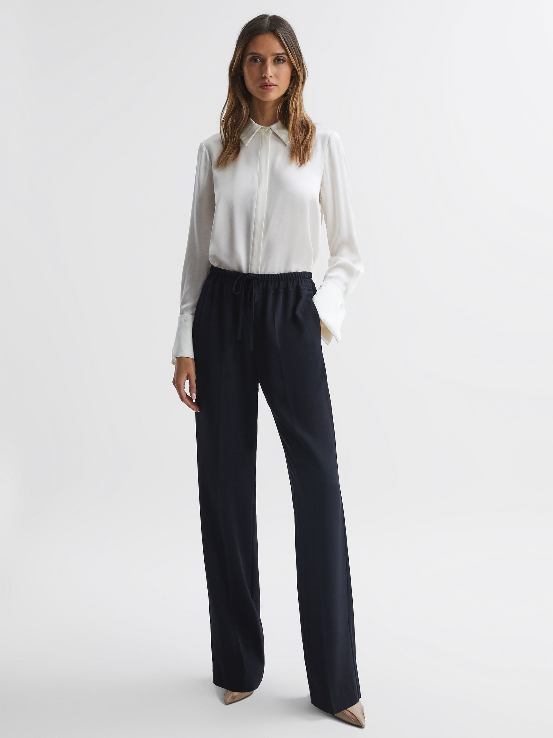 Petite Wide Leg Pull On Trousers in Navy - Image 1 of 6 Petite Wide Leg Pull On Trousers in Navy - Image 1 of 6