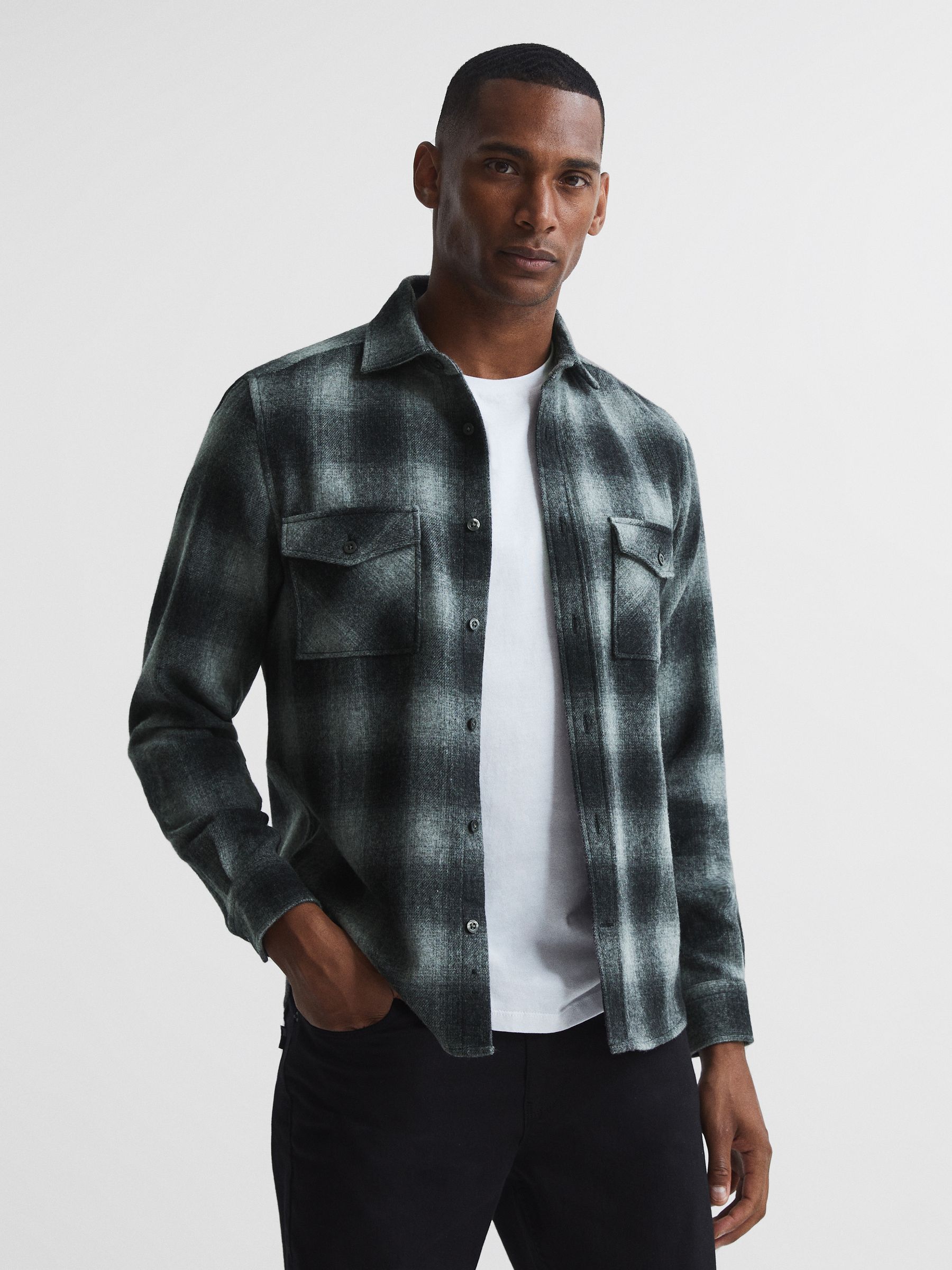 Button Through Check Overshirt in Charcoal - Image 1 of 6