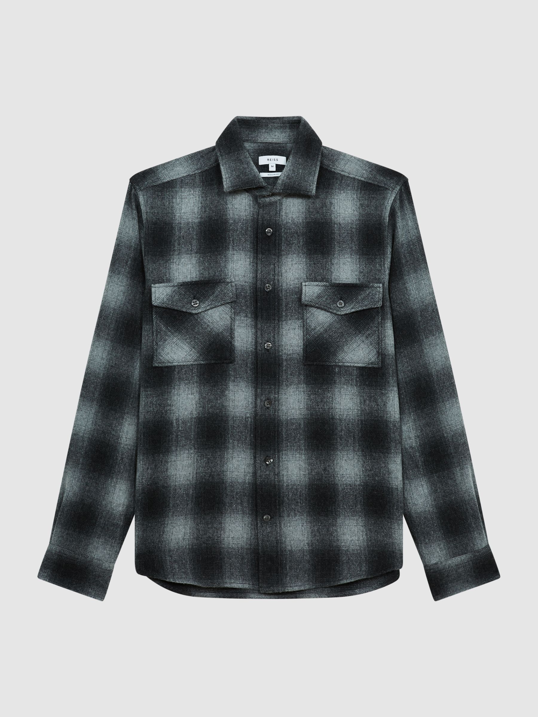 Button Through Check Overshirt in Charcoal - Image 2 of 6