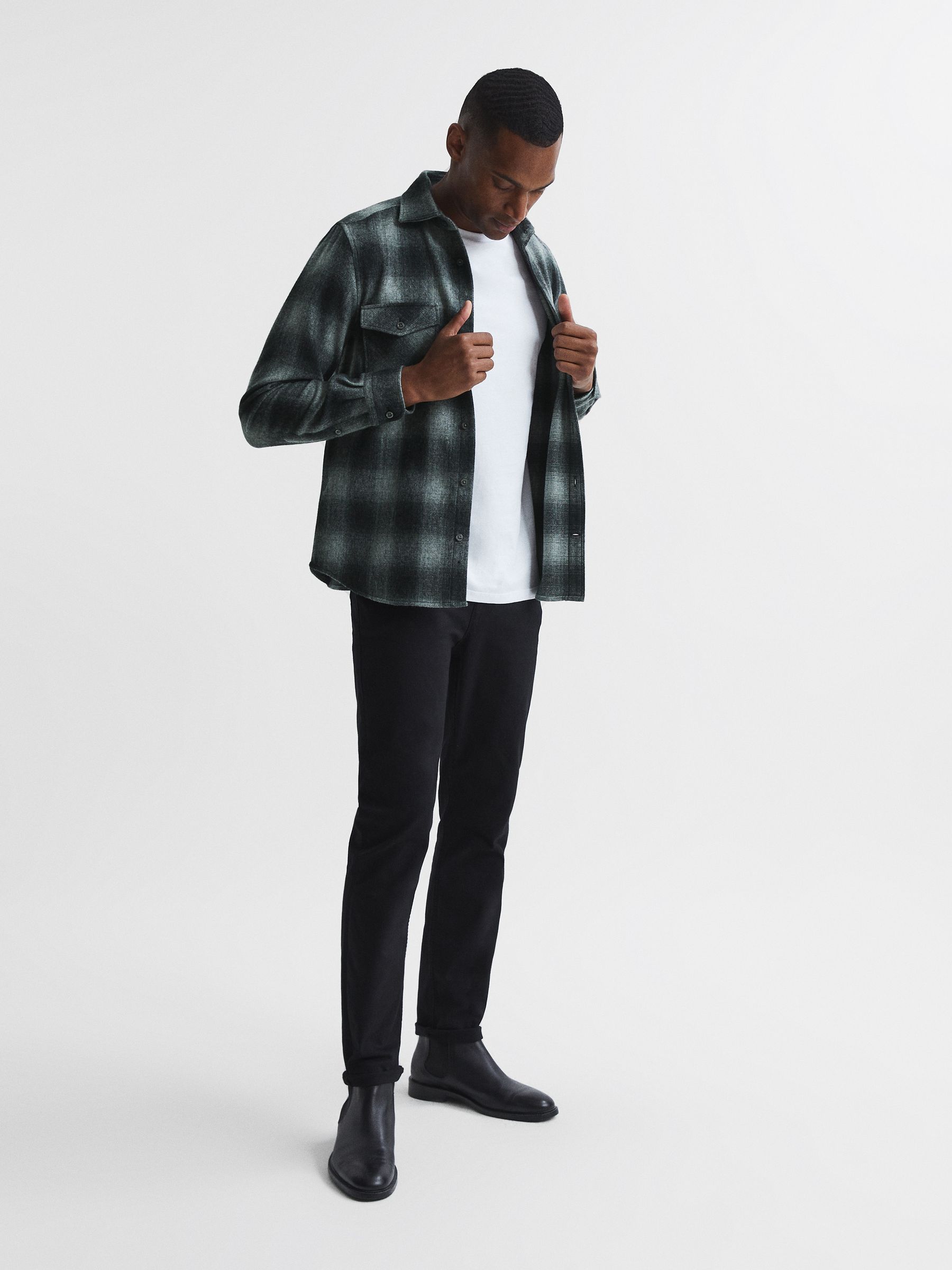 Button Through Check Overshirt in Charcoal - Image 3 of 6