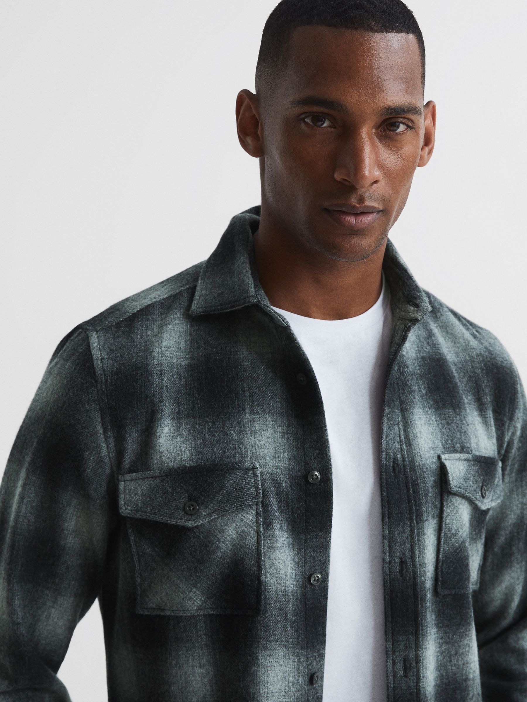 Button Through Check Overshirt in Charcoal - Image 6 of 6