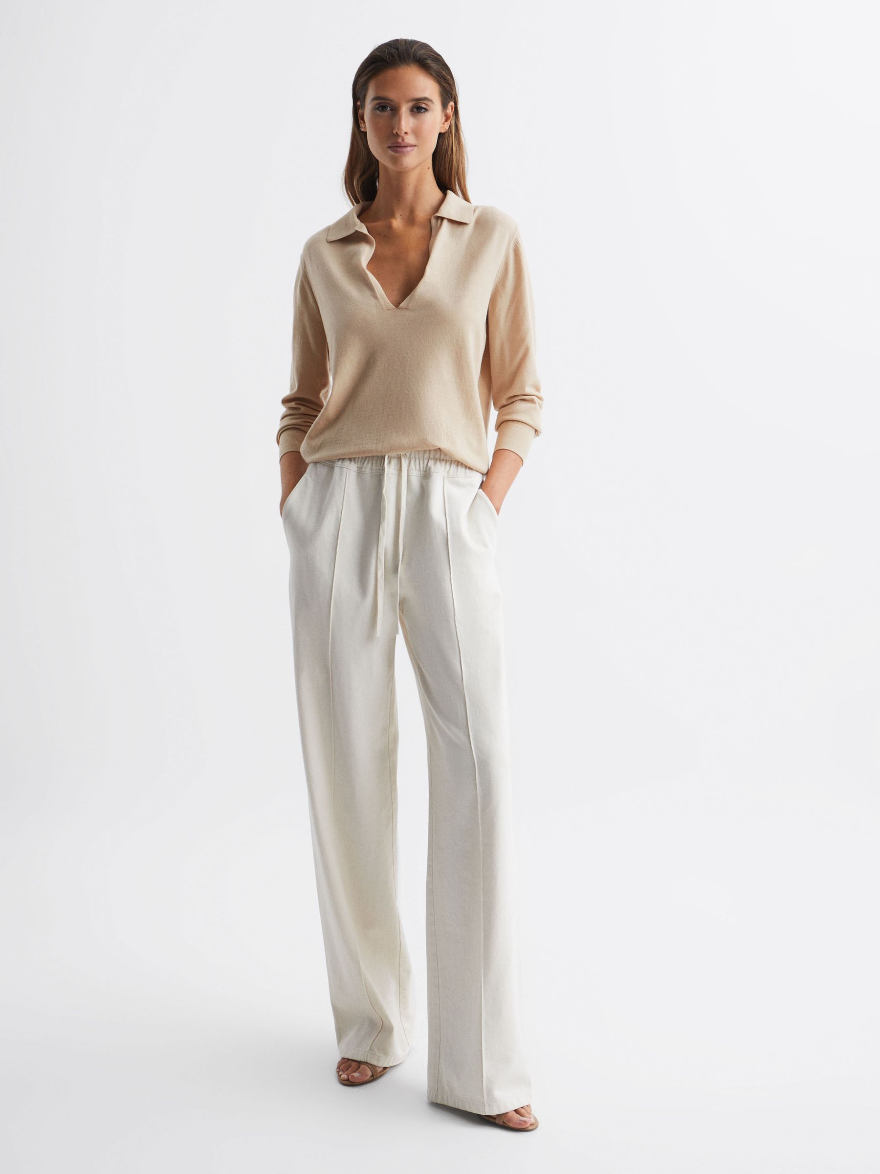 Knitted Collared V-Neck Top in Camel - Image 3 of 5