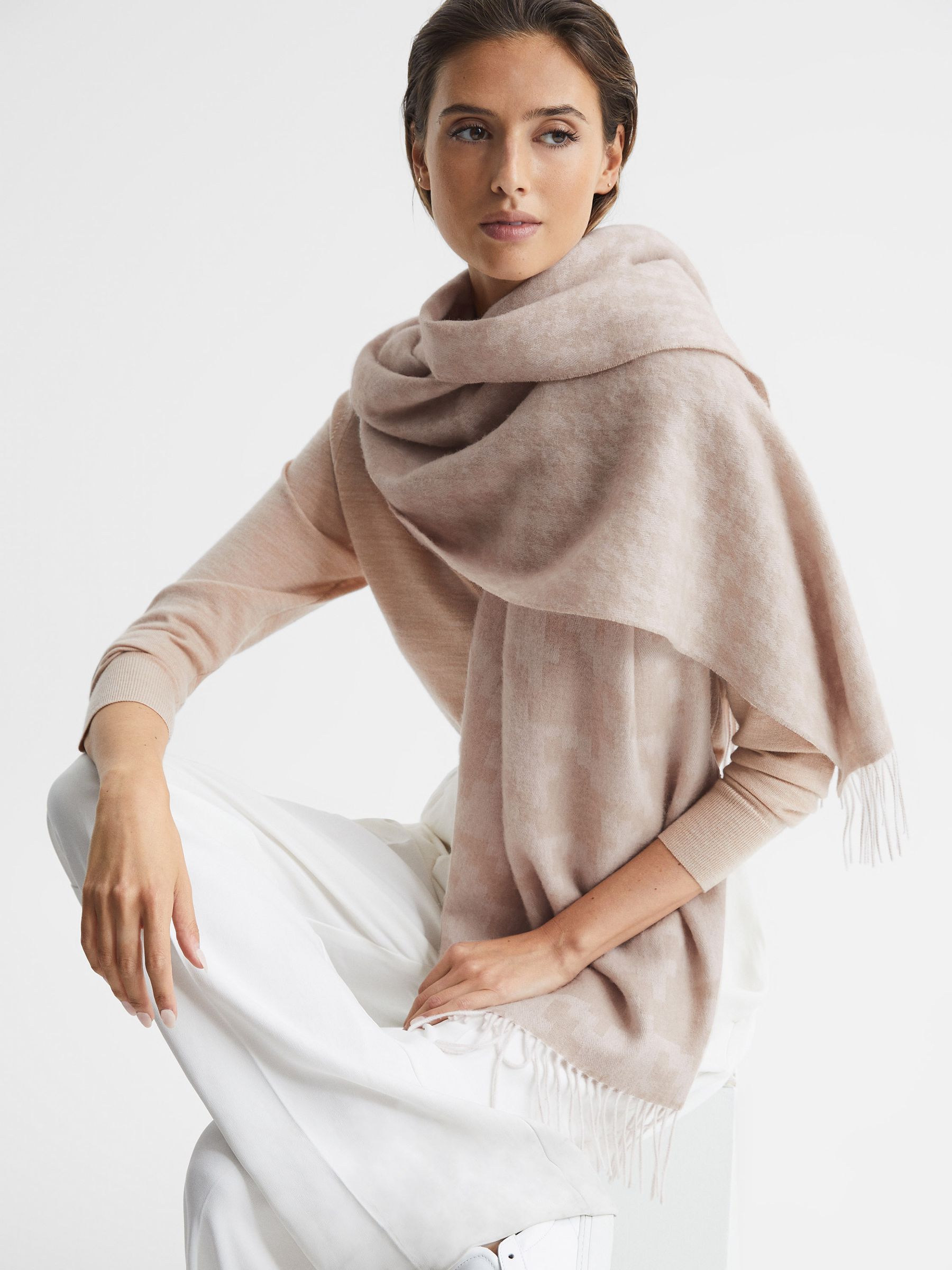 Dogtooth Cashmere Blend Scarf in Neutral - Image 2 of 4 Dogtooth Cashmere Blend Scarf in Neutral - Image 2 of 4