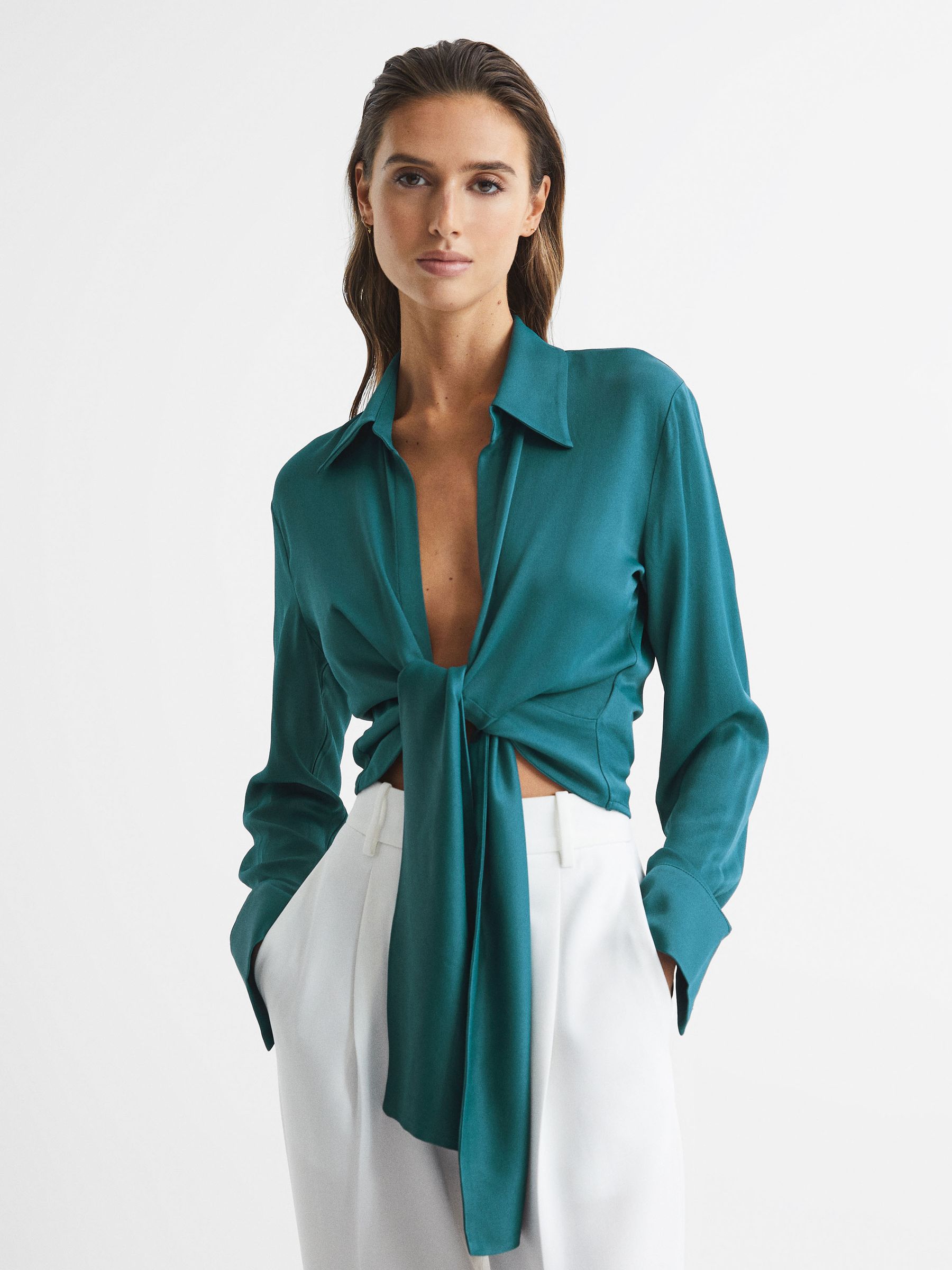 Tie-Front Shirt in Teal - Image 1 of 7 Tie-Front Shirt in Teal - Image 1 of 7