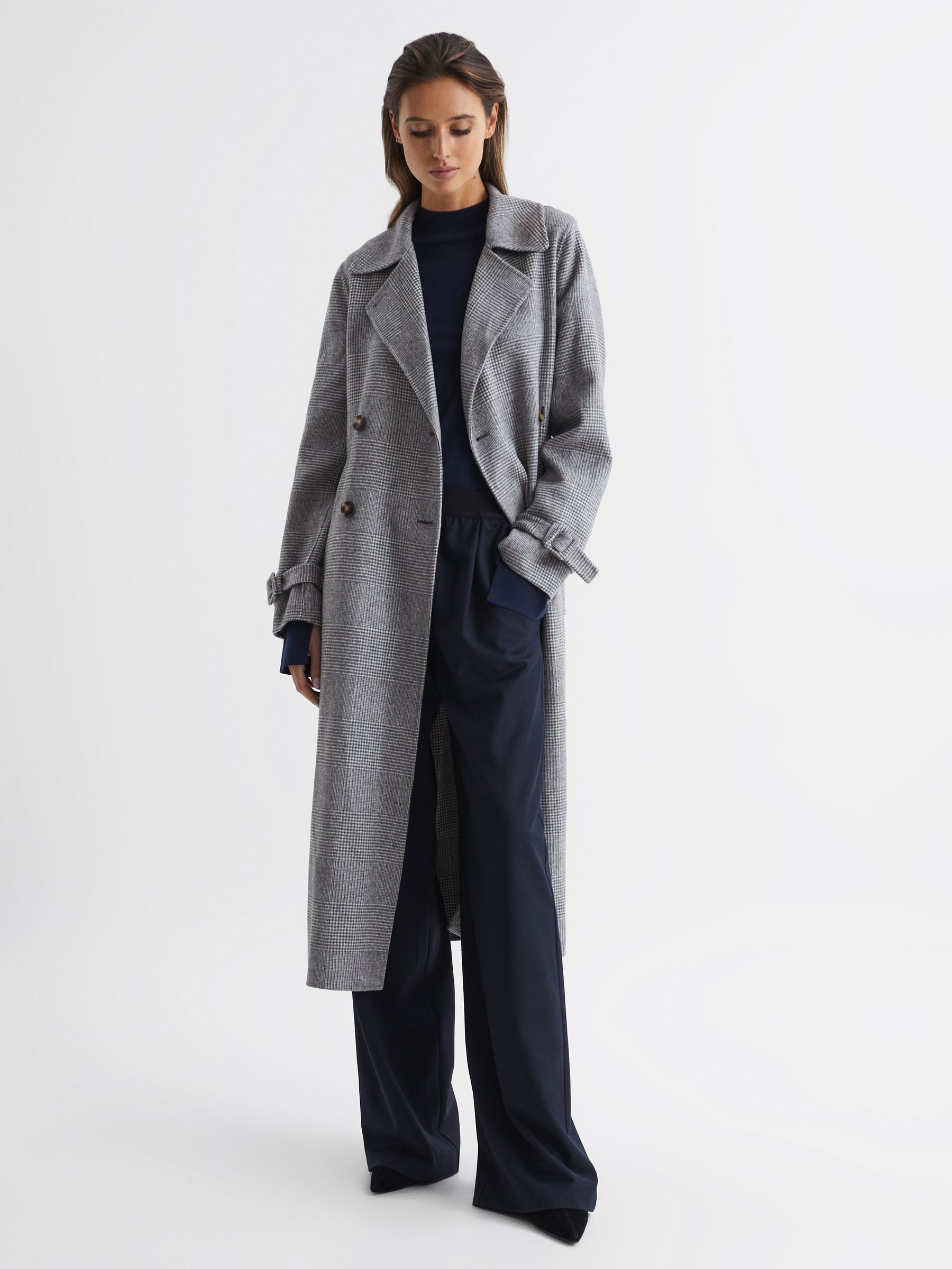 Belted Blindseam Checked Trench Coat in Grey - Image 1 of 6
