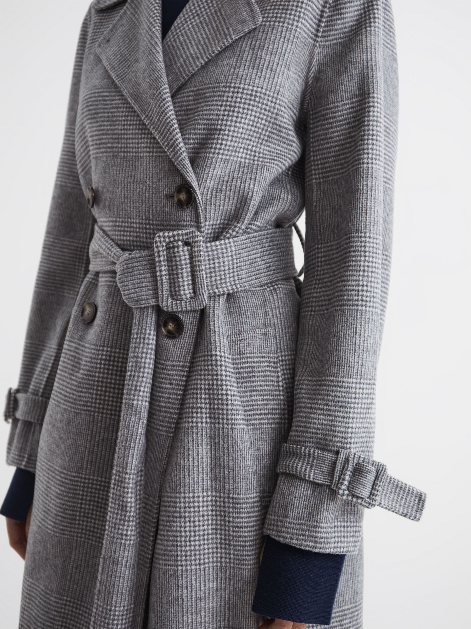 Belted Blindseam Checked Trench Coat in Grey - Image 4 of 6
