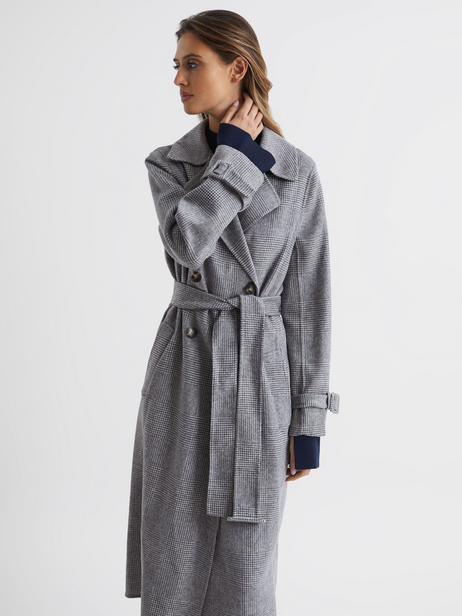 Belted Blindseam Checked Trench Coat in Grey - Image 6 of 6
