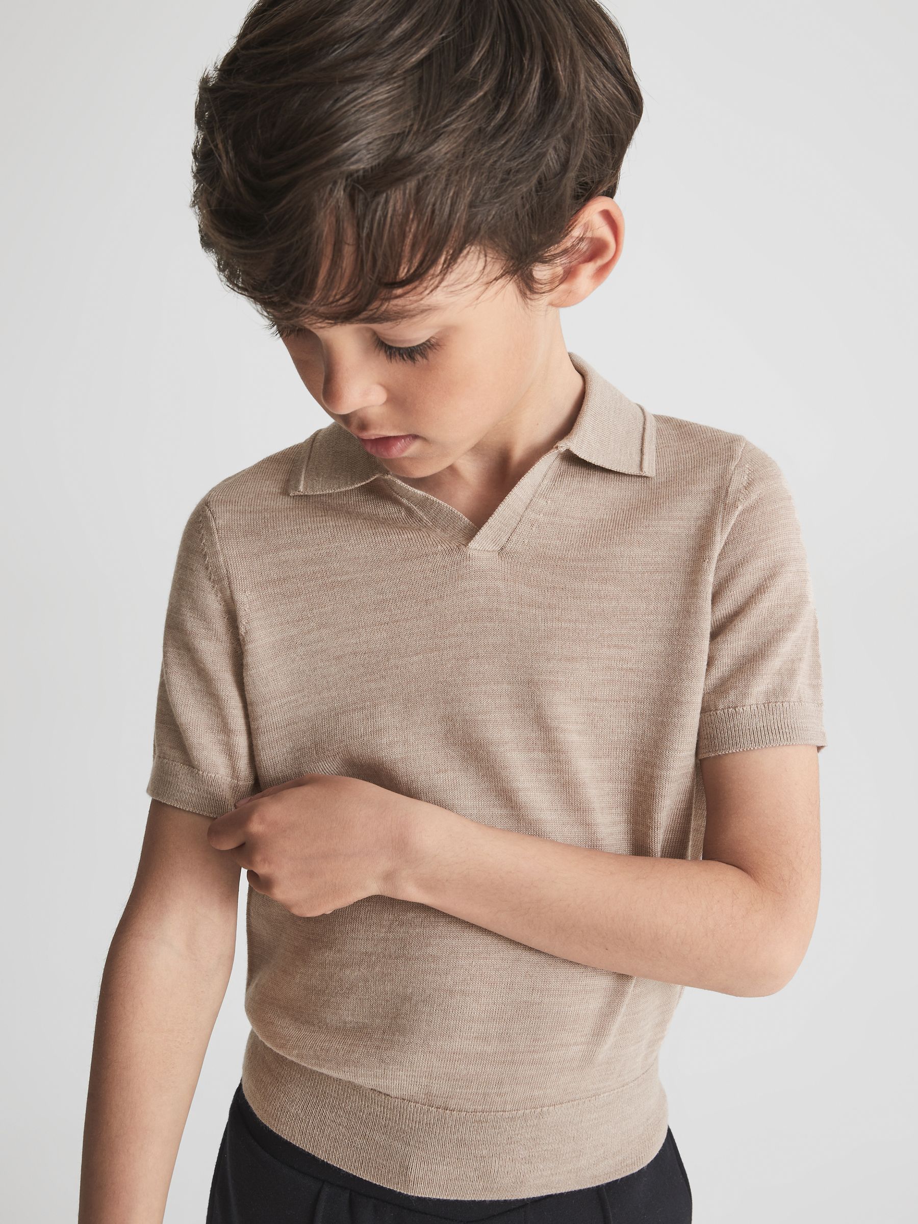 Merino Wool Open Collar Polo Shirt in Wheat Melange - Image 1 of 7