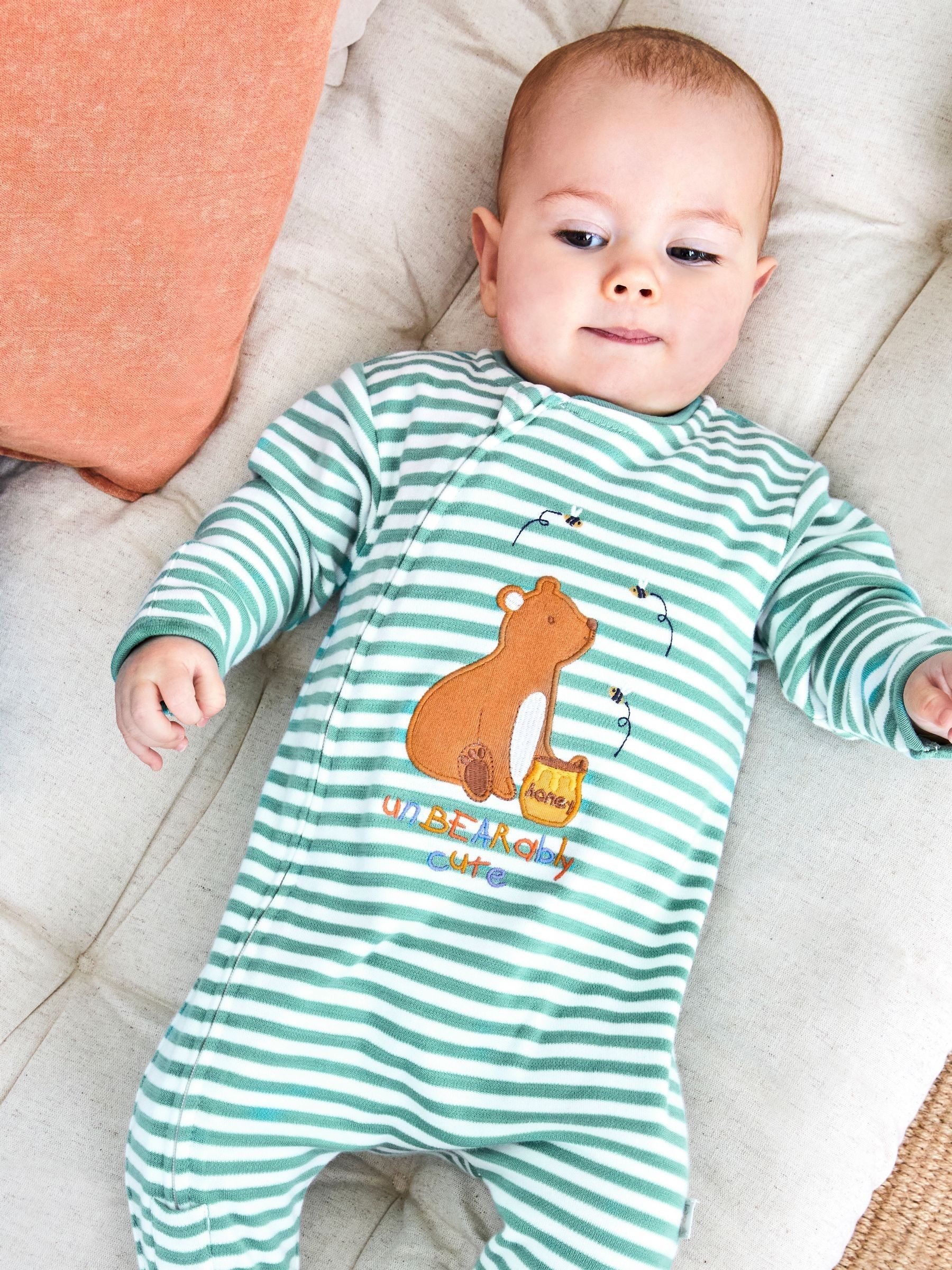 Green Bear Appliqué Zip Cotton Baby Sleepsuit | JoJo Maman Bébé