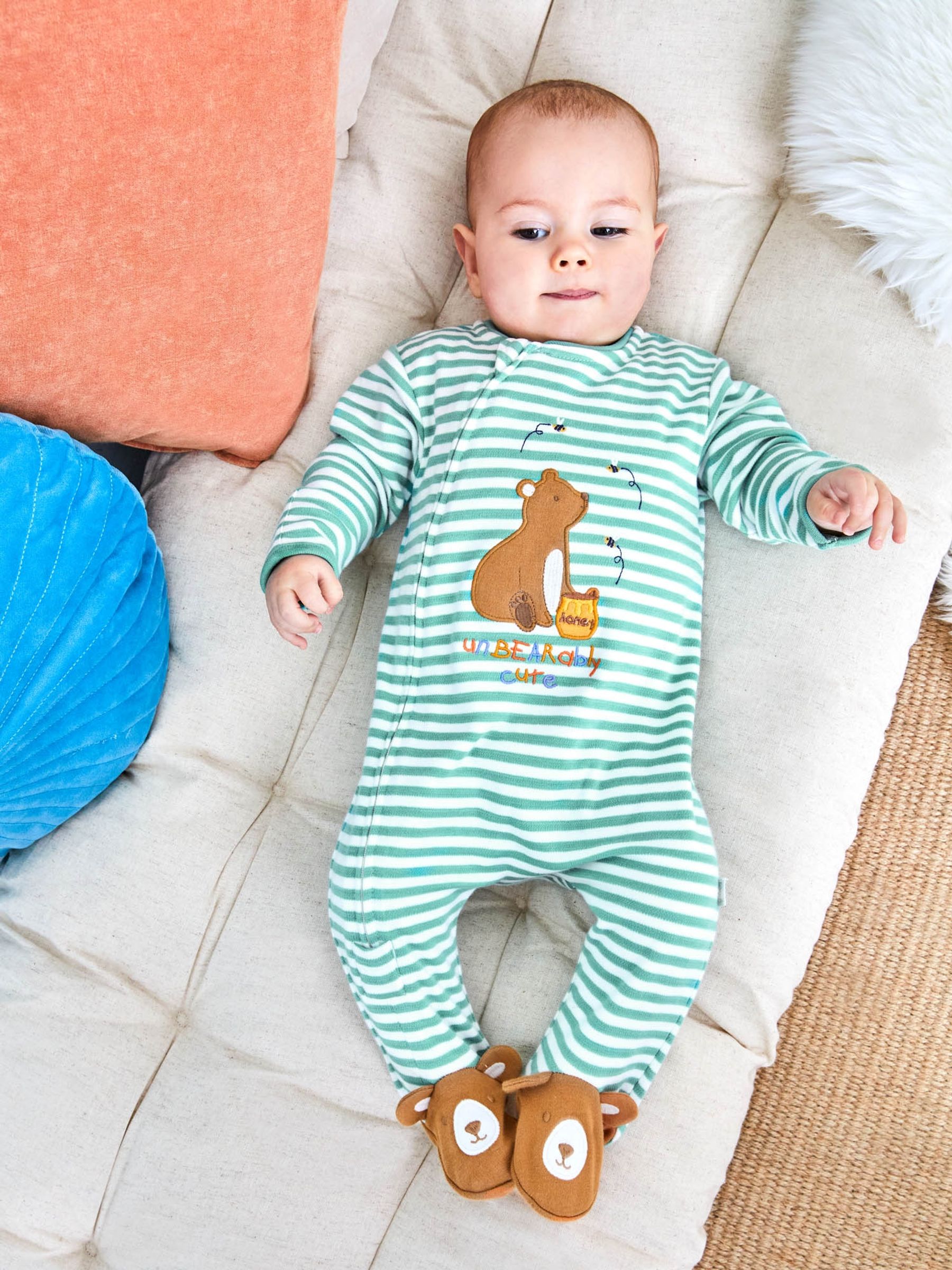 Green Bear Appliqué Zip Cotton Baby Sleepsuit - Image 1 of 3