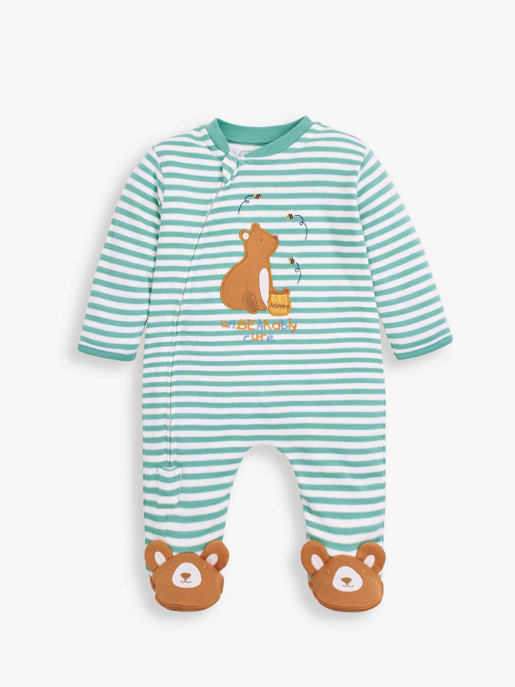 Green Bear Appliqué Zip Cotton Baby Sleepsuit - Image 2 of 3