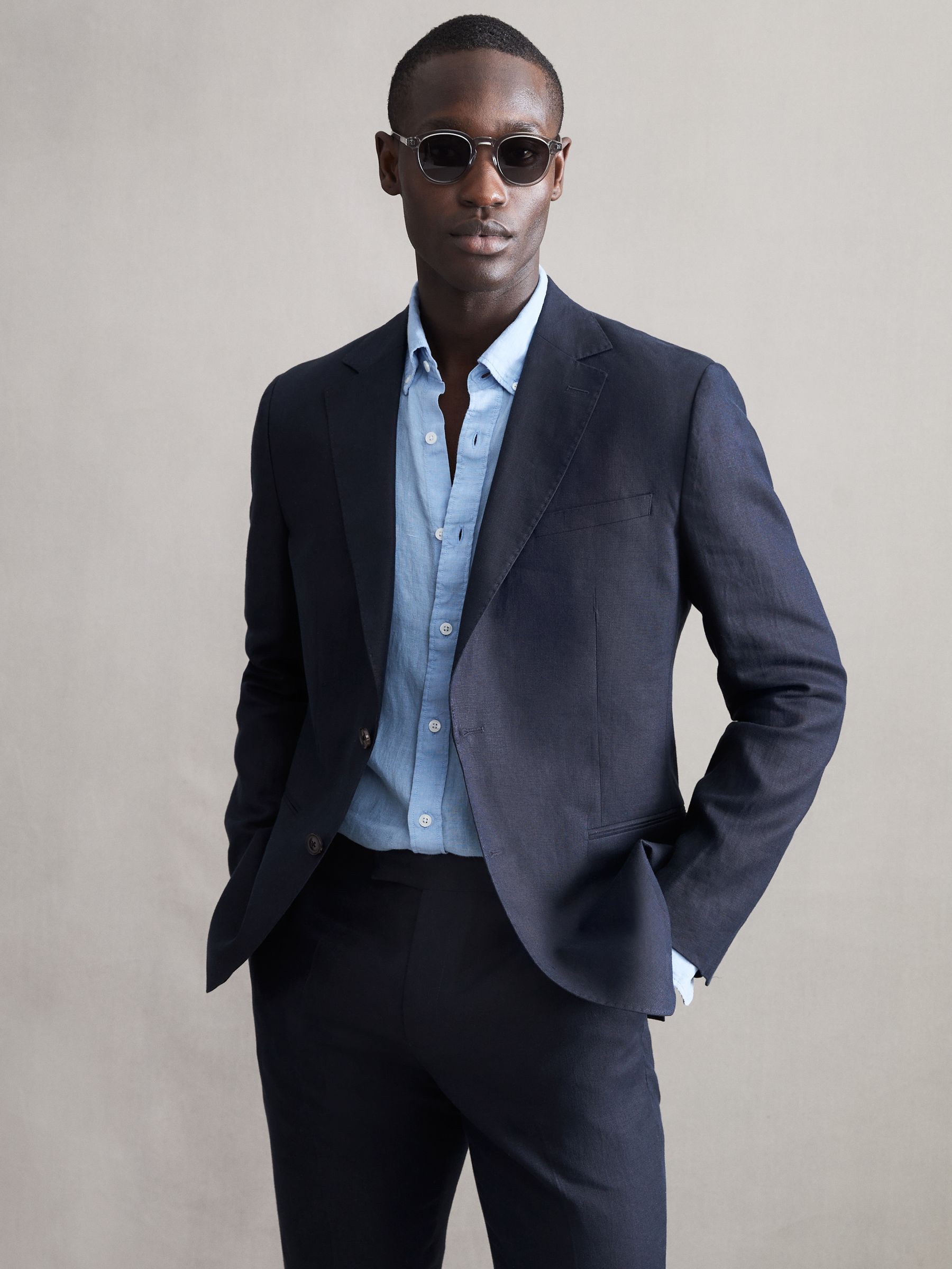 Slim Fit Single Breasted Linen Blazer in Navy - Image 1 of 5
