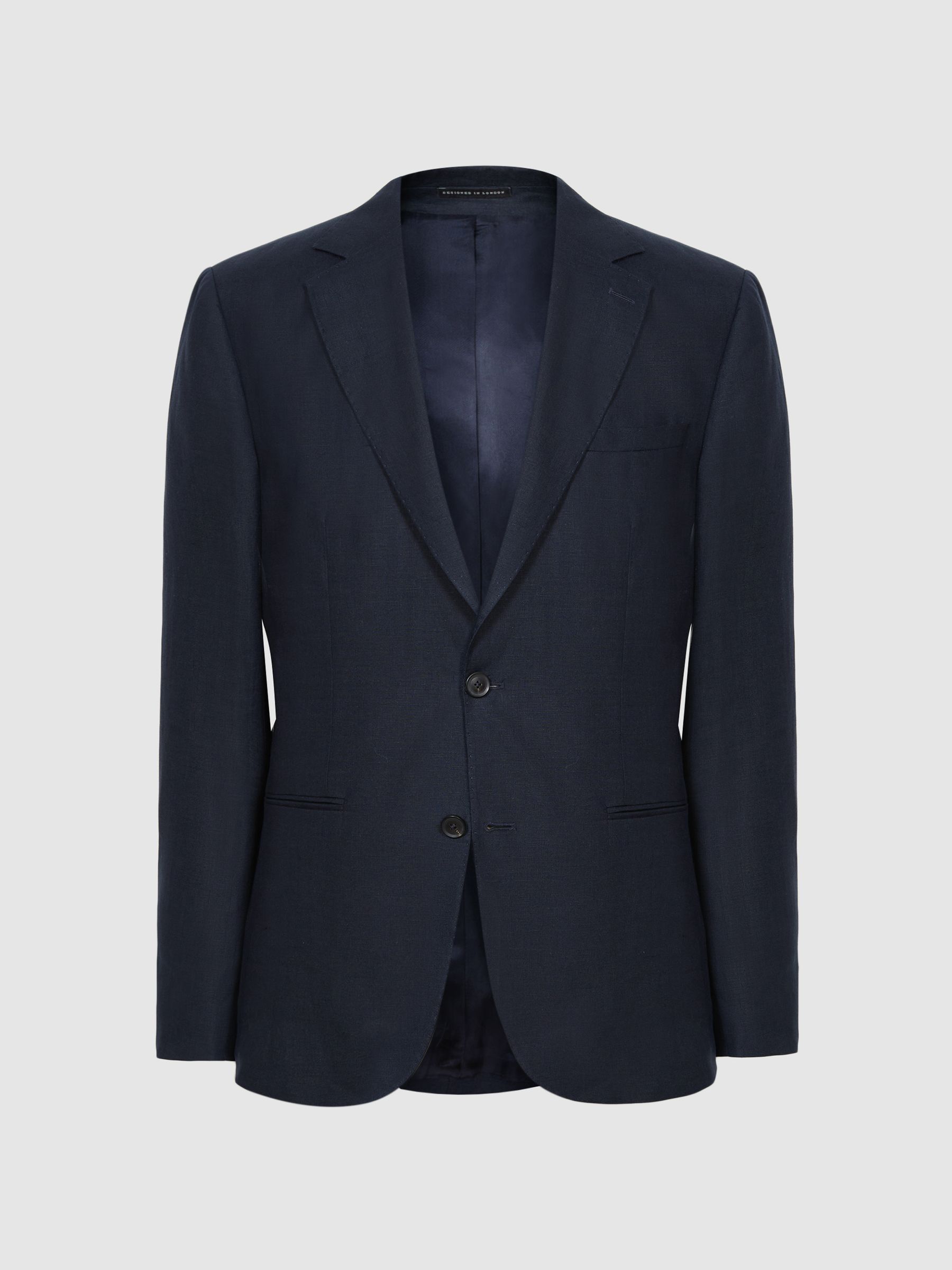 Slim Fit Single Breasted Linen Blazer in Navy - Image 2 of 5