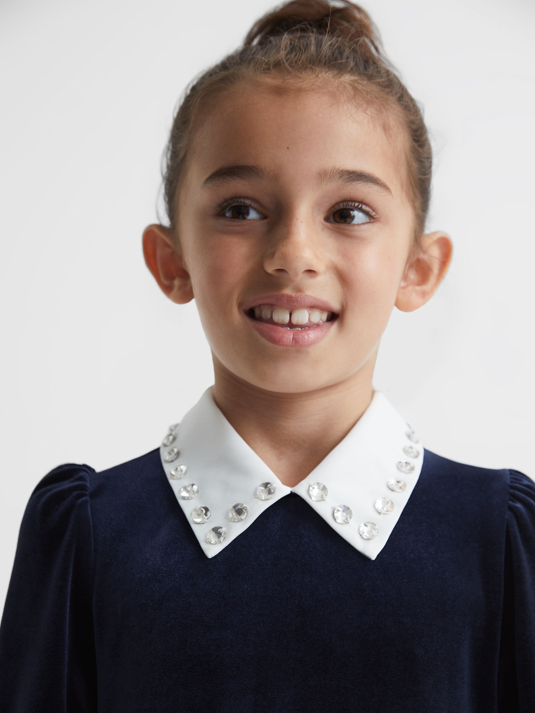 Senior Diamante Collar Velvet Dress in Navy - Image 4 of 7