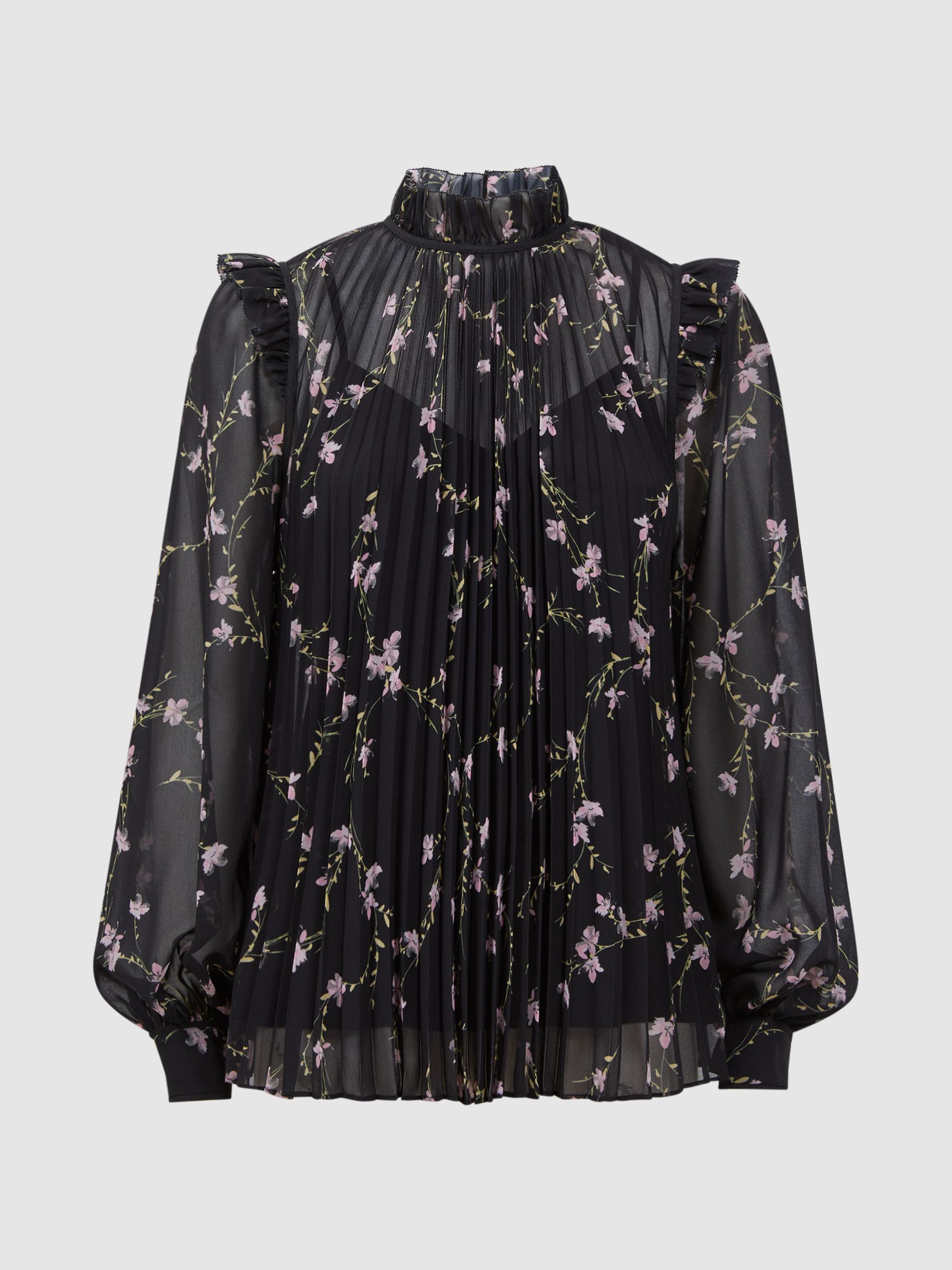 Florere Sheer Floral Ruffle Blouse in Black - Image 2 of 5