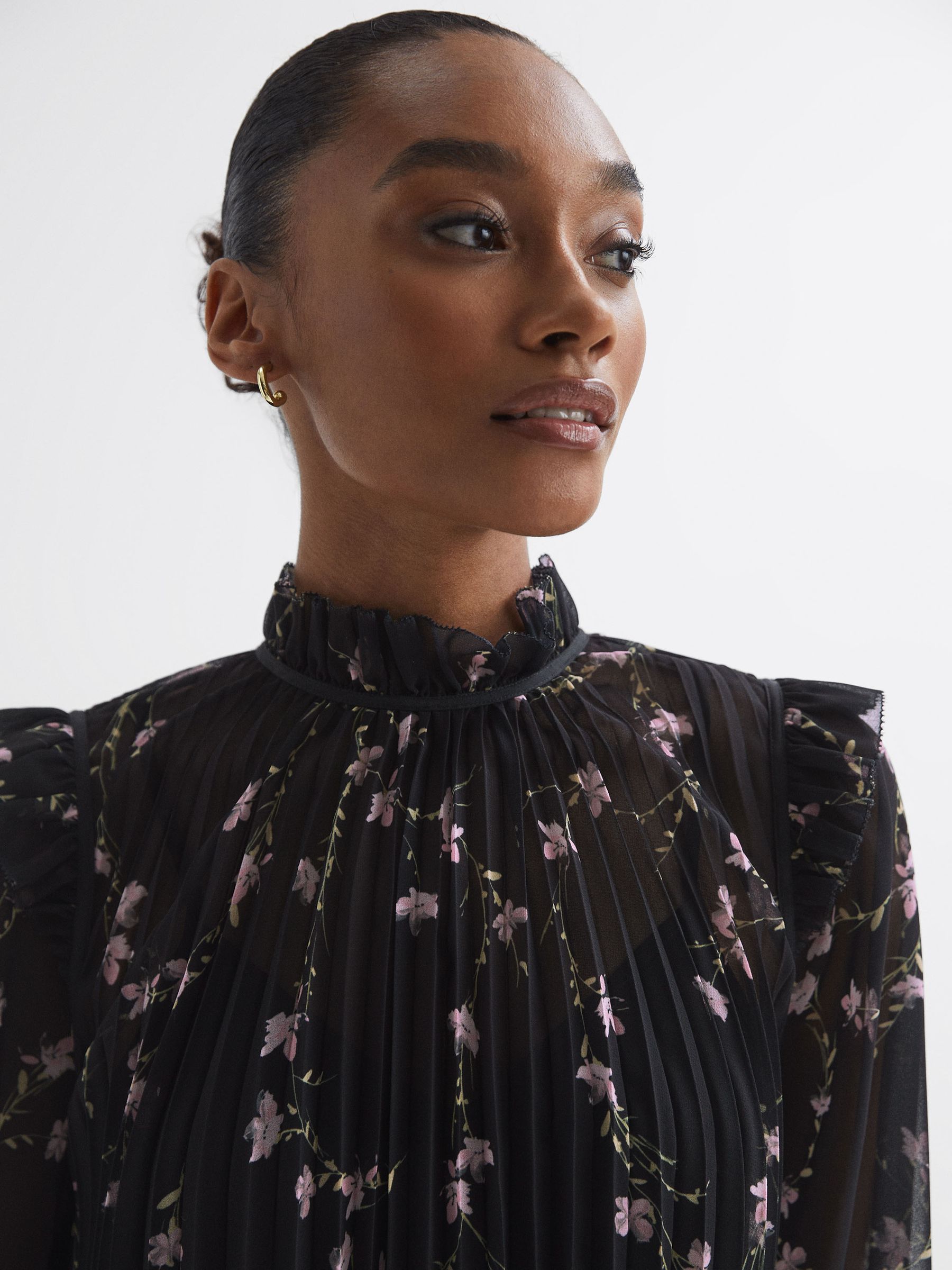 Florere Sheer Floral Ruffle Blouse in Black - Image 3 of 5