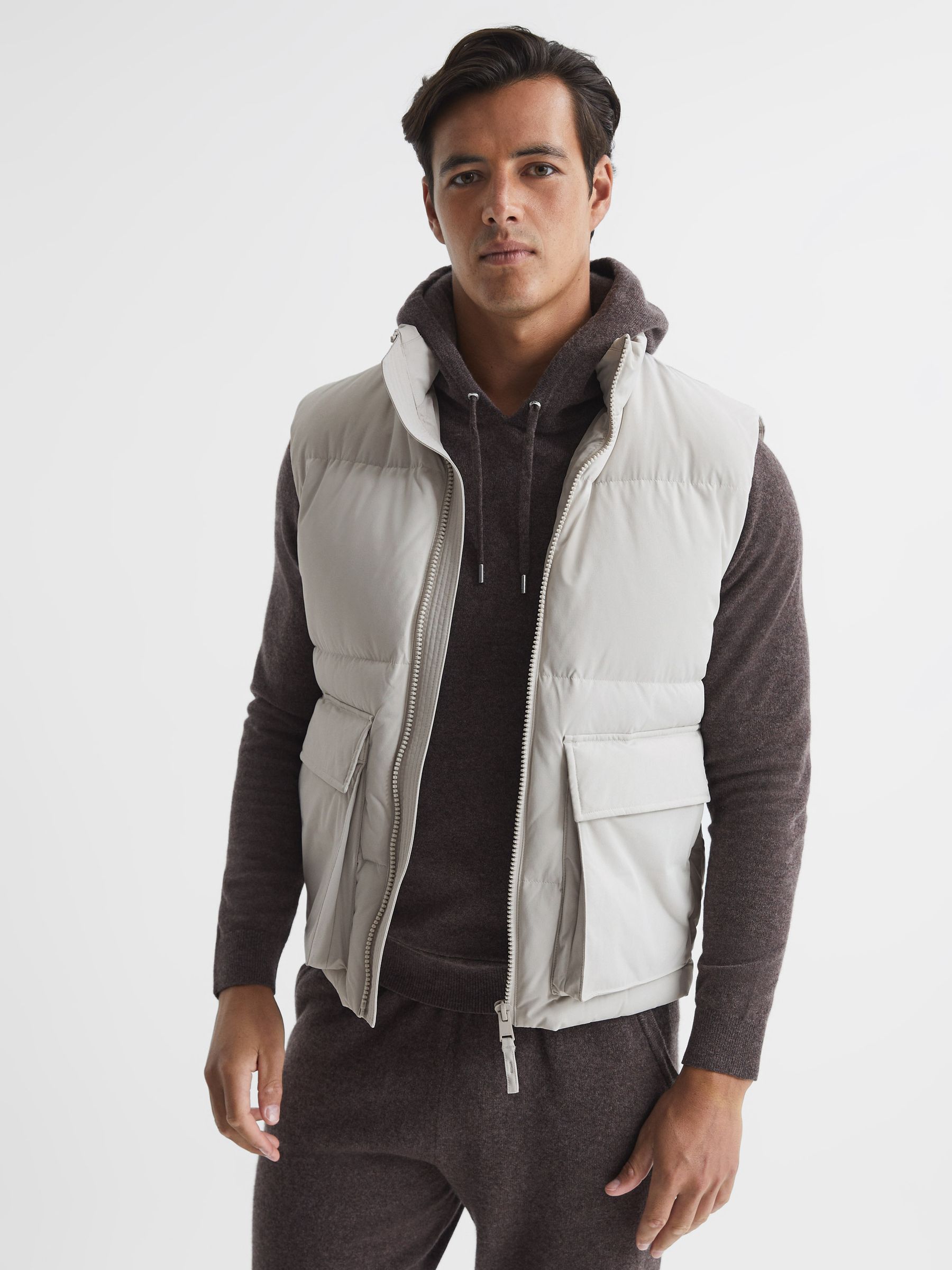 Funnel Neck Puffer Gilet in Stone - Image 1 of 5