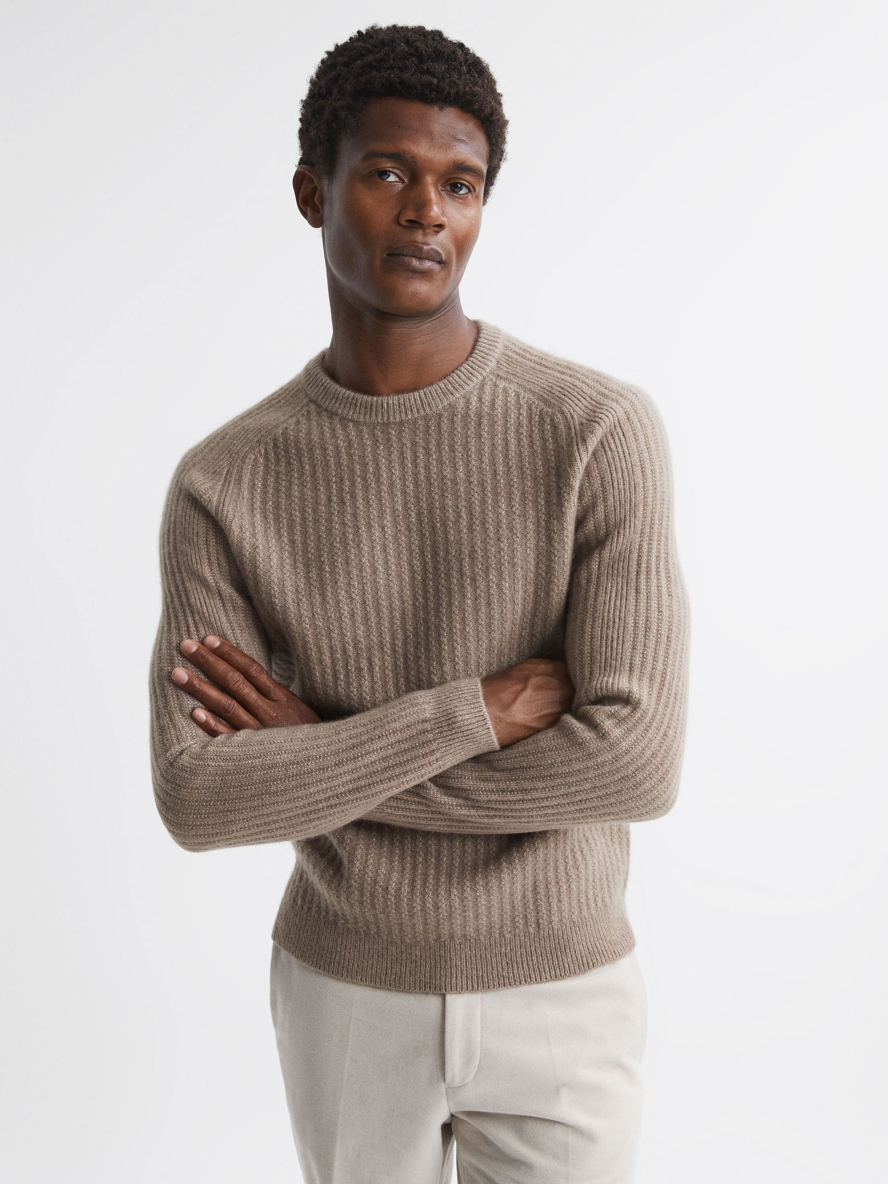 Wool-Cotton Textured Crew Neck Jumper in Mouse Melange - Image 1 of 5
