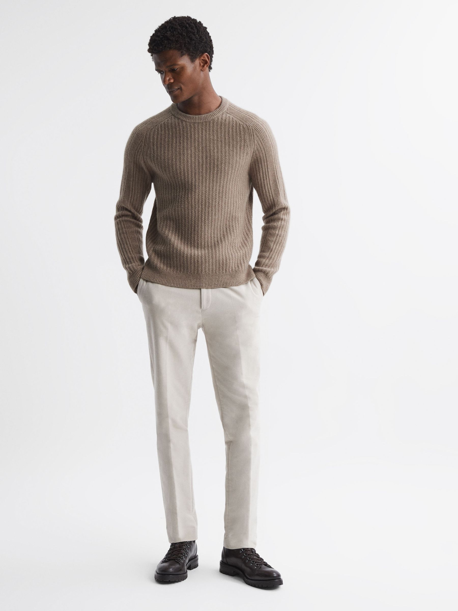 Wool-Cotton Textured Crew Neck Jumper in Mouse Melange - Image 4 of 5