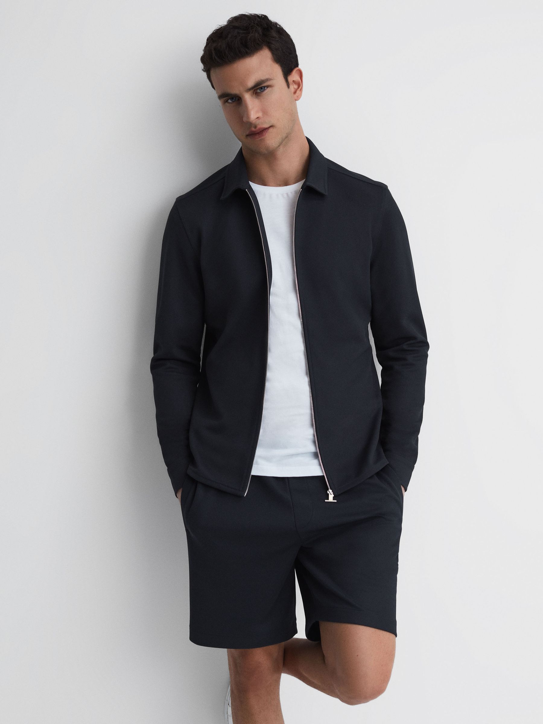Slim Fit Long Sleeve Zip Through Jacket in Navy - Image 1 of 5