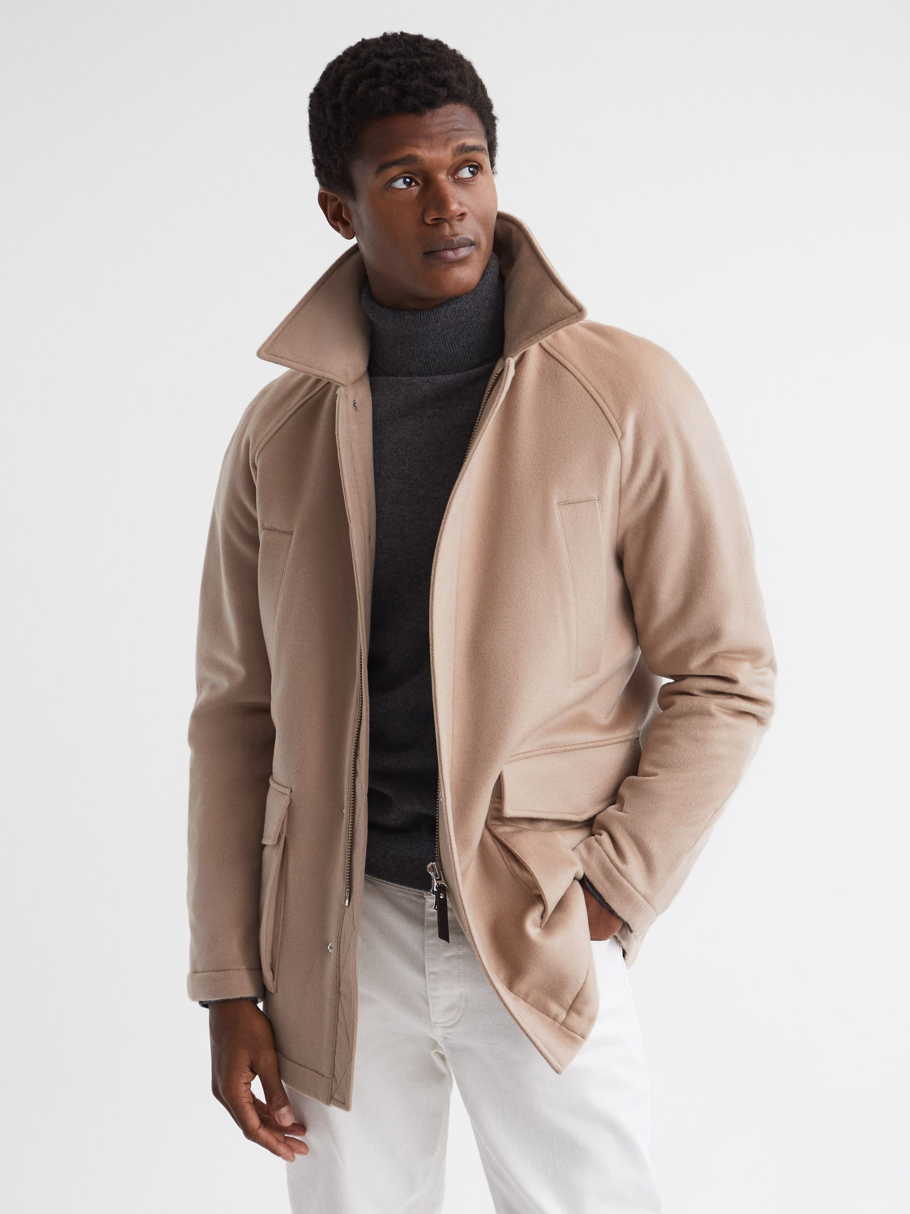Zip Through Cashmere Coat in Cream - Image 1 of 7 Zip Through Cashmere Coat in Cream - Image 1 of 7