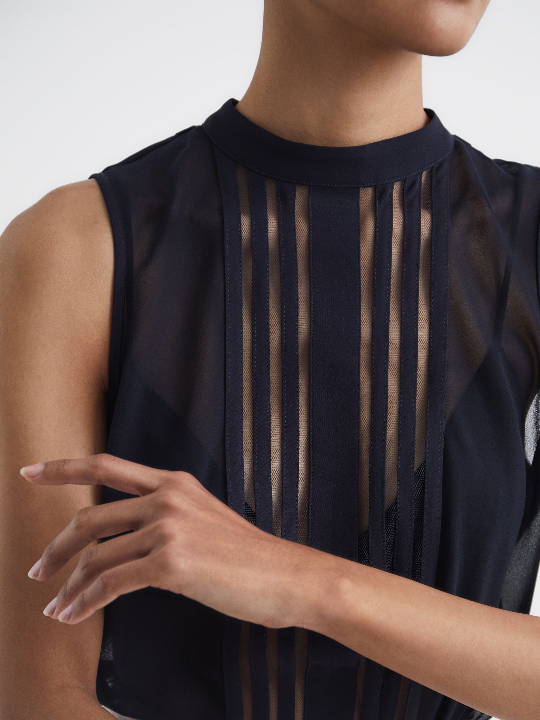 Sheer Striped Sleeveless Blouse in Navy - Image 4 of 7