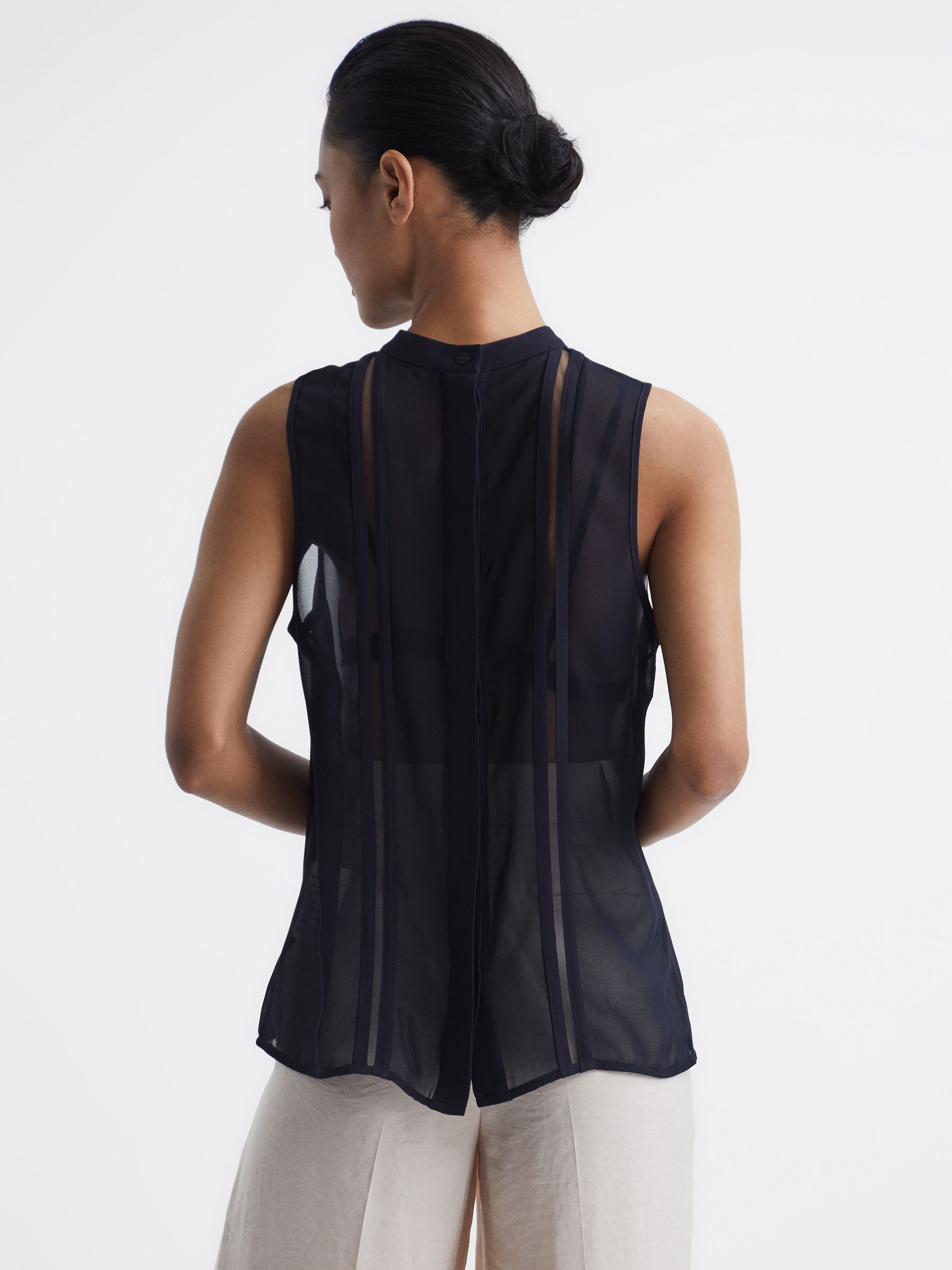 Sheer Striped Sleeveless Blouse in Navy - Image 5 of 7