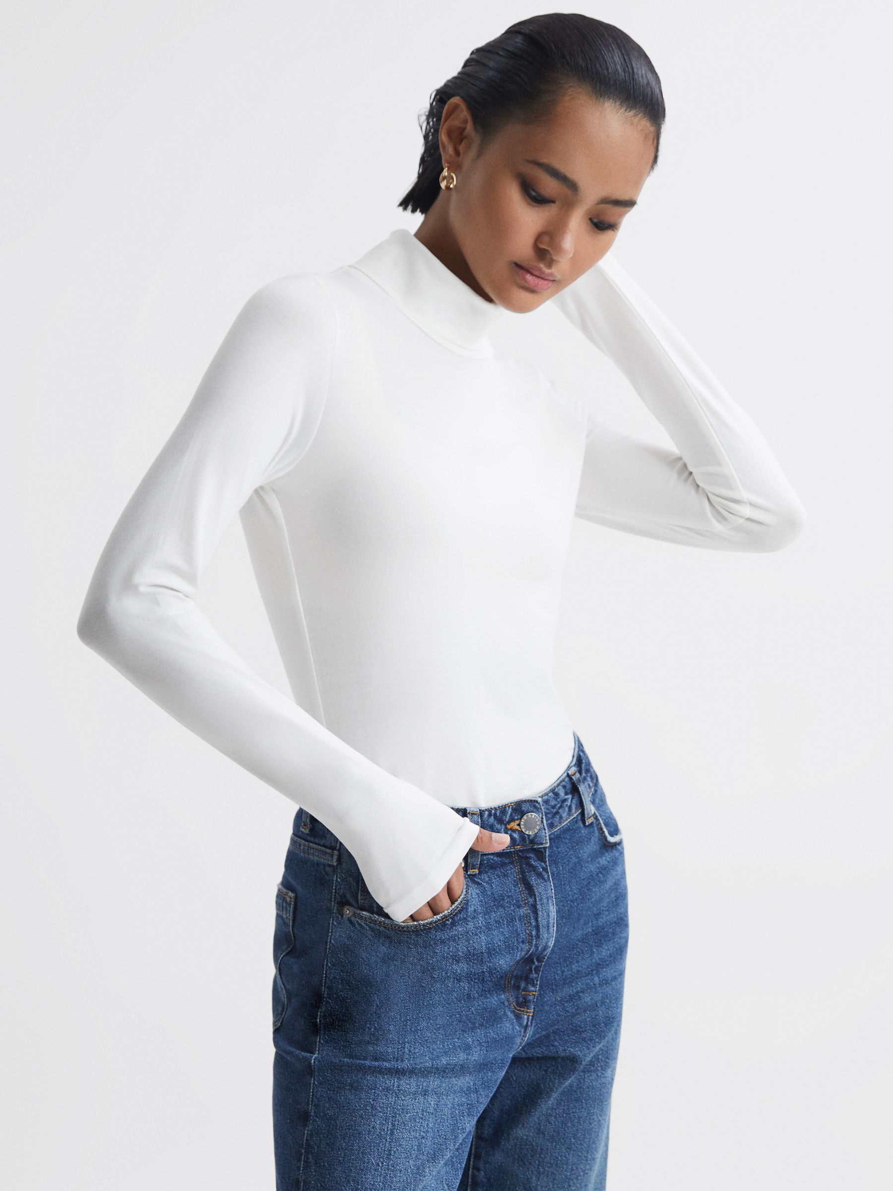 Fitted Roll Neck T-Shirt in White - Image 1 of 5 Fitted Roll Neck T-Shirt in White - Image 1 of 5