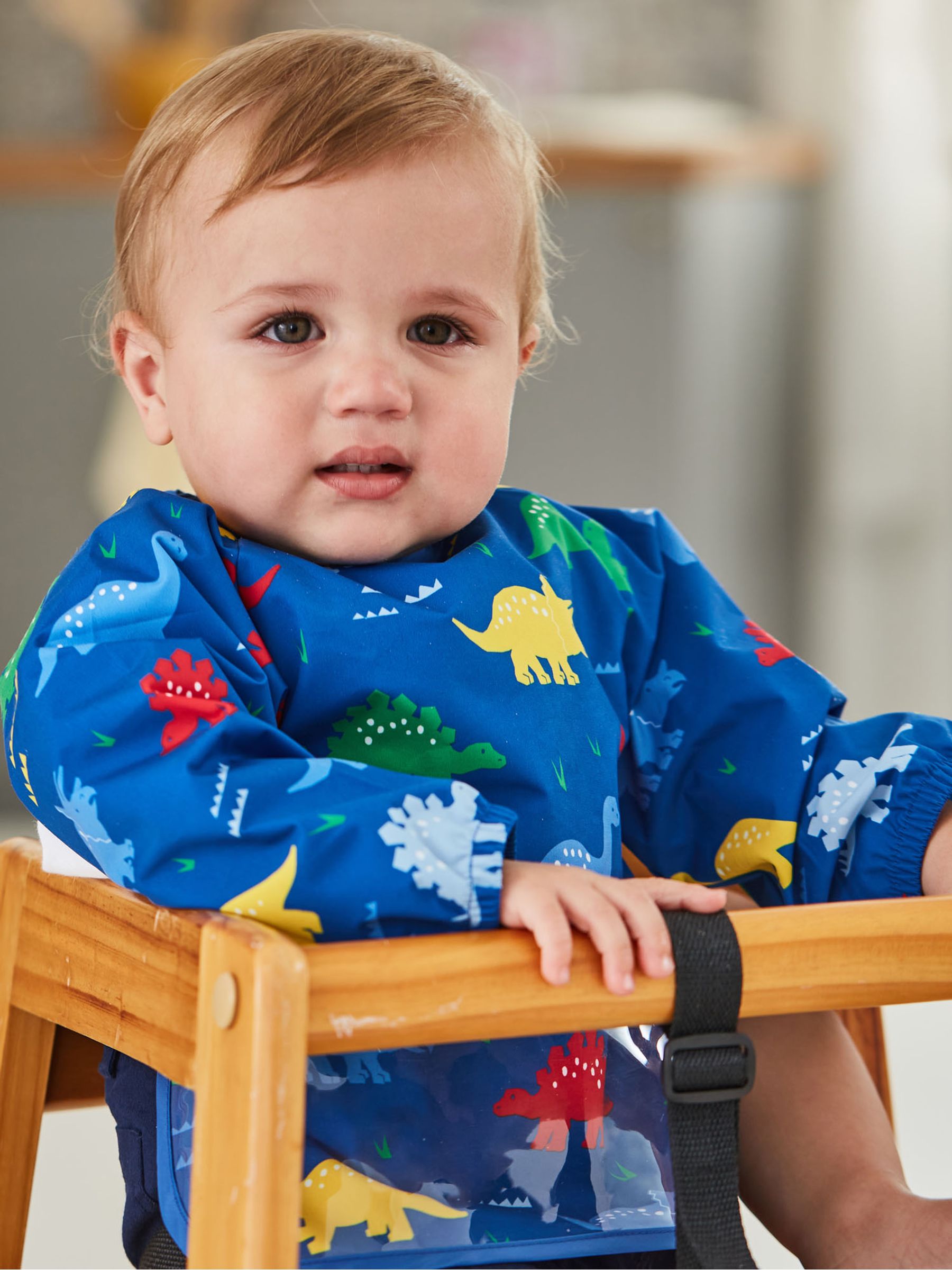 Deluxe Sleeved Bib in Blue Dinosaur - Image 1 of 3