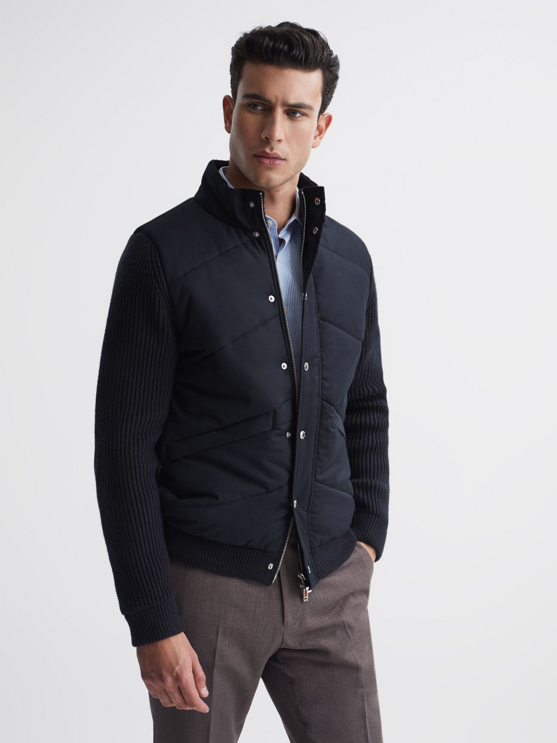 Quilted Hybrid Funnel Neck Jacket in Navy - Image 1 of 6