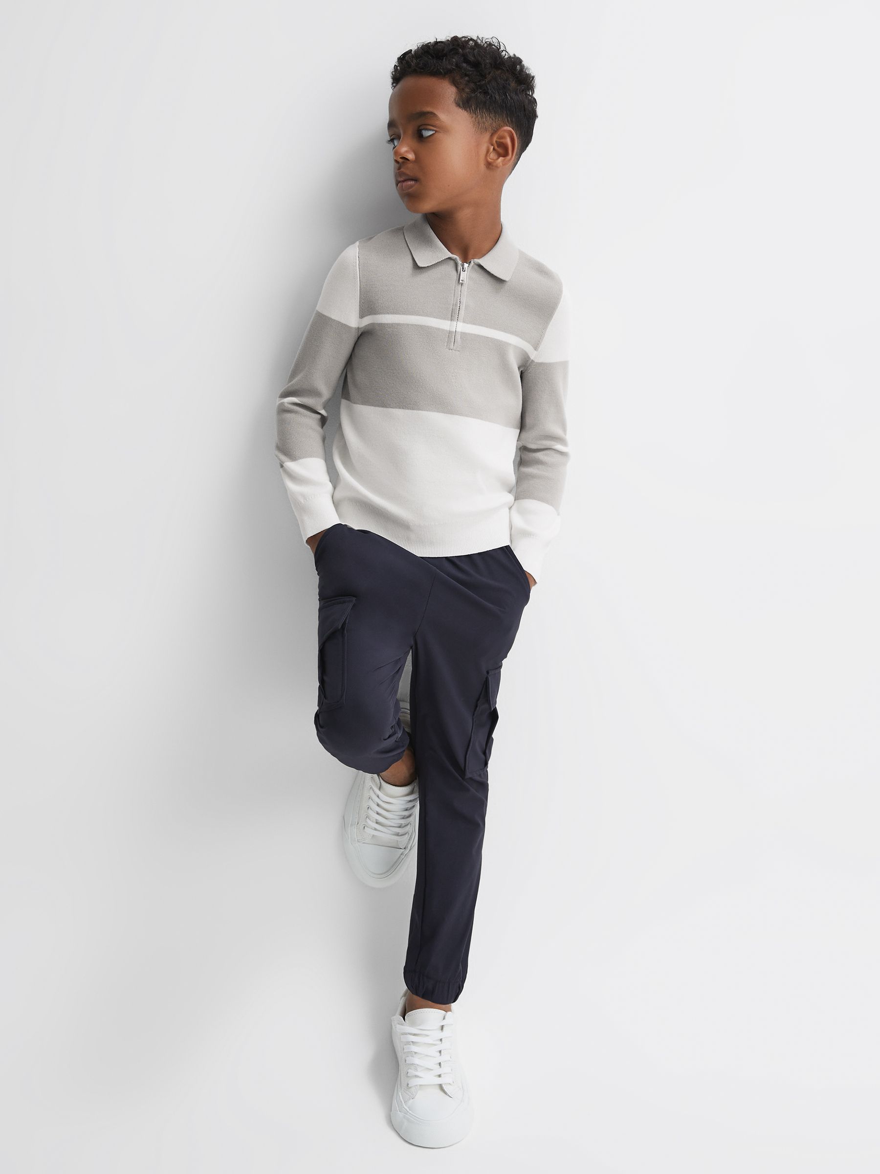 9-14 yrs Slim Fit Half-Zip Long Sleeve Polo Shirt in Soft Grey/White - Image 1 of 6