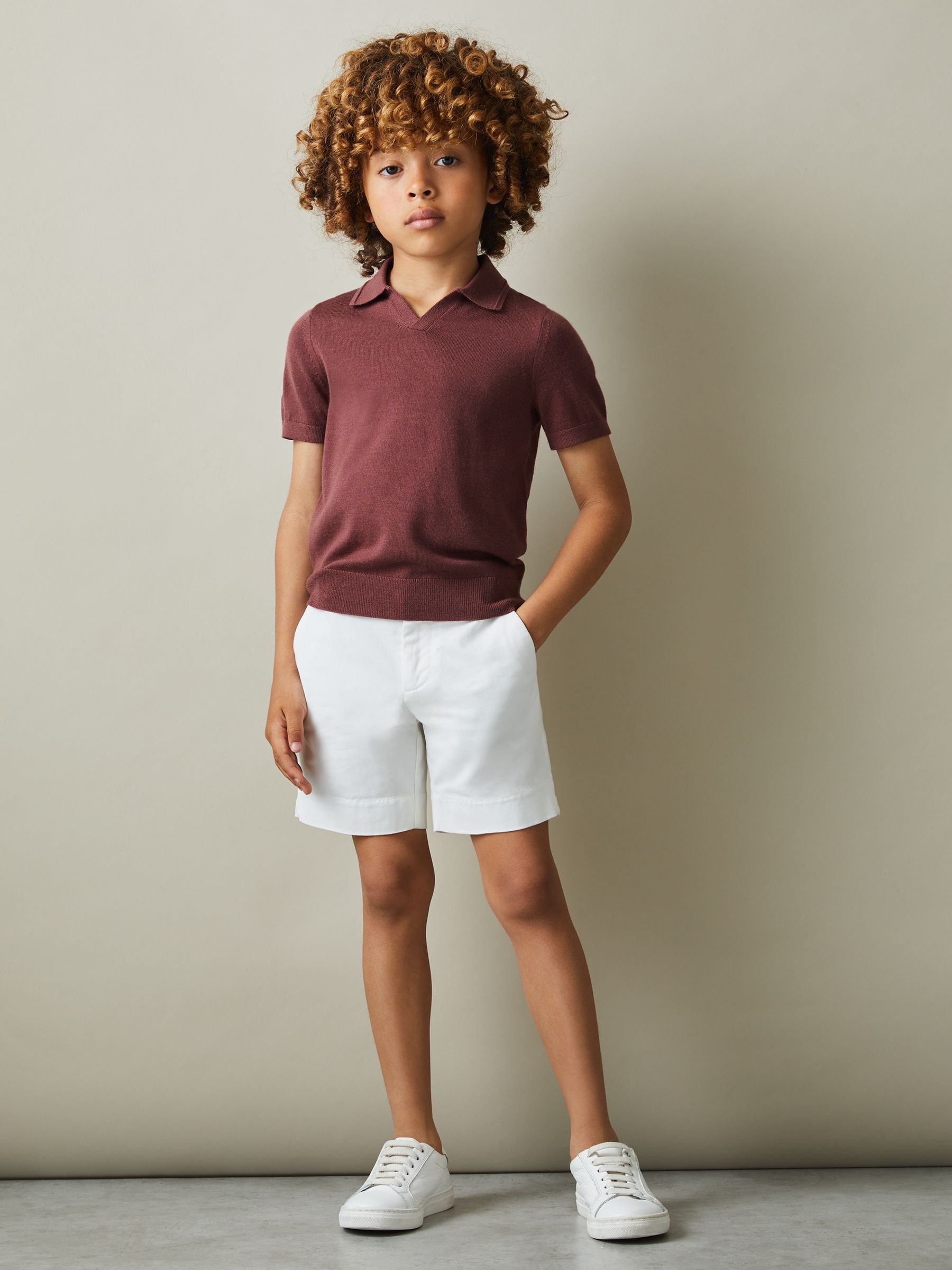 Merino Wool Open Collar Polo Shirt in Berry - Image 1 of 1