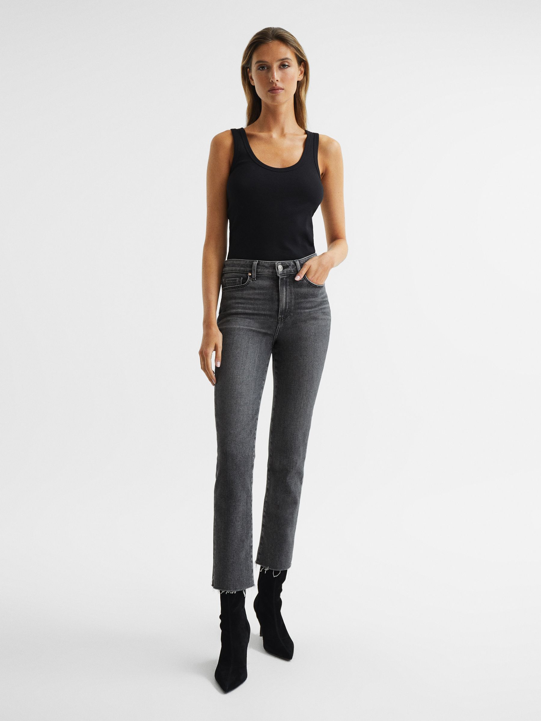 Paige Cindy Straight Leg Raw Hem Jeans in Washed Black - Image 3 of 9
