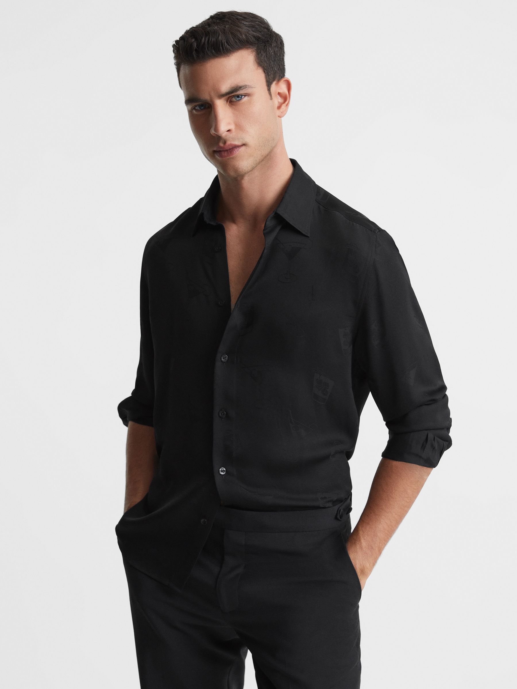 Jacquard Button-Through Shirt in Black - Image 1 of 6