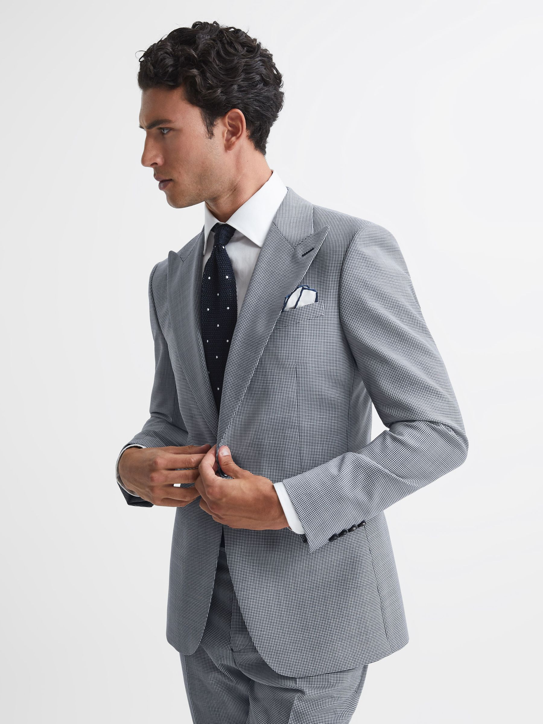 Single Breasted Slim Fit Micro Puppytooth Blazer in Navy/White - Image 1 of 8