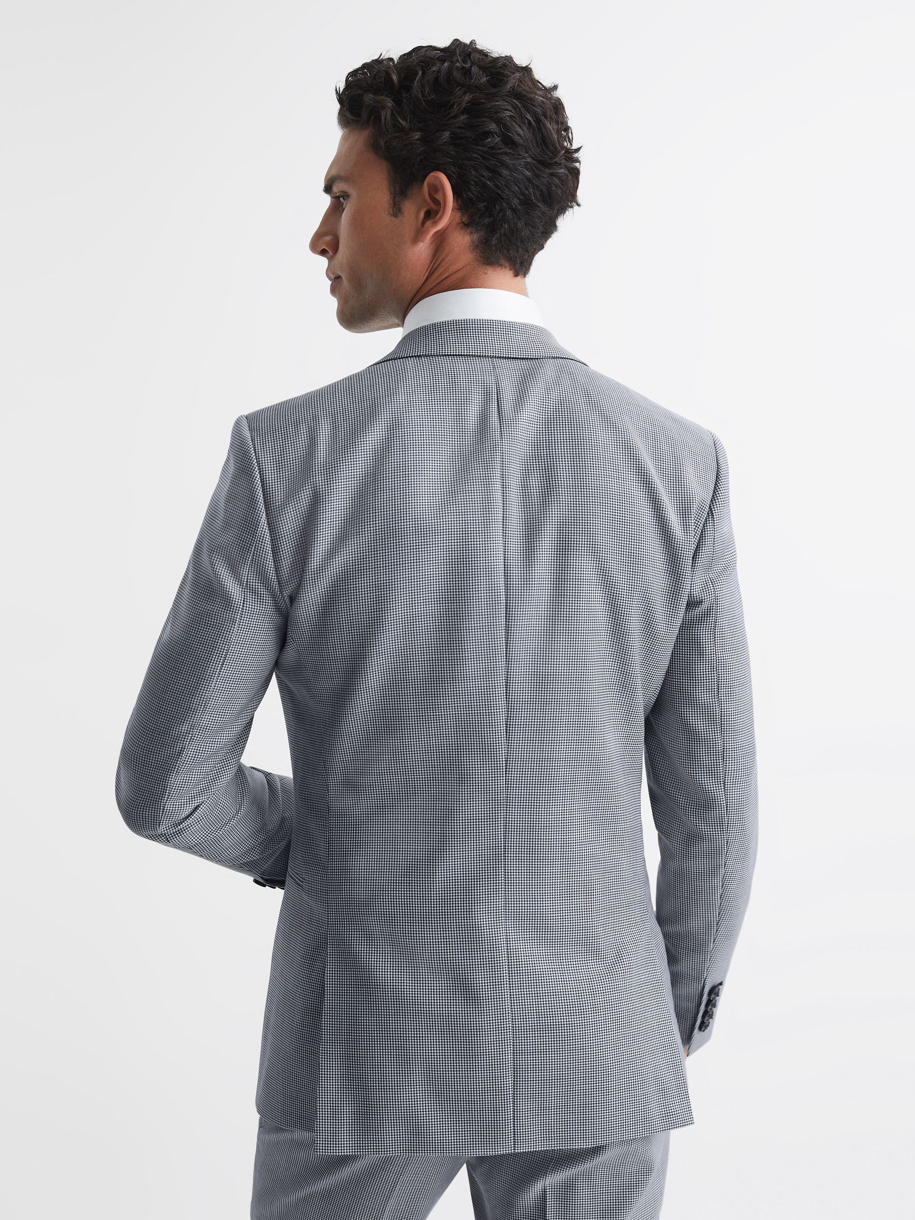 Single Breasted Slim Fit Micro Puppytooth Blazer in Navy/White - Image 5 of 8