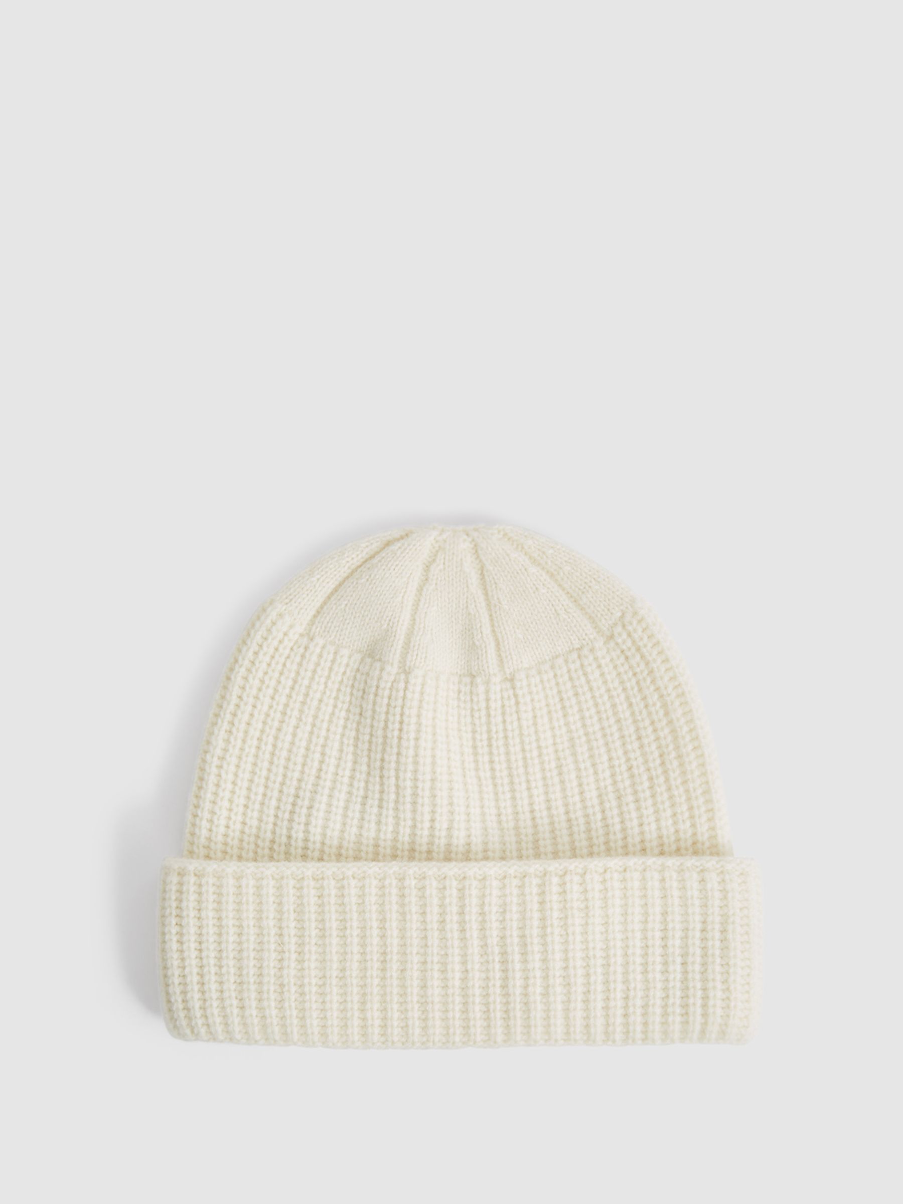 Rib-Knitted Wool Beanie in Off White - Image 1 of 4