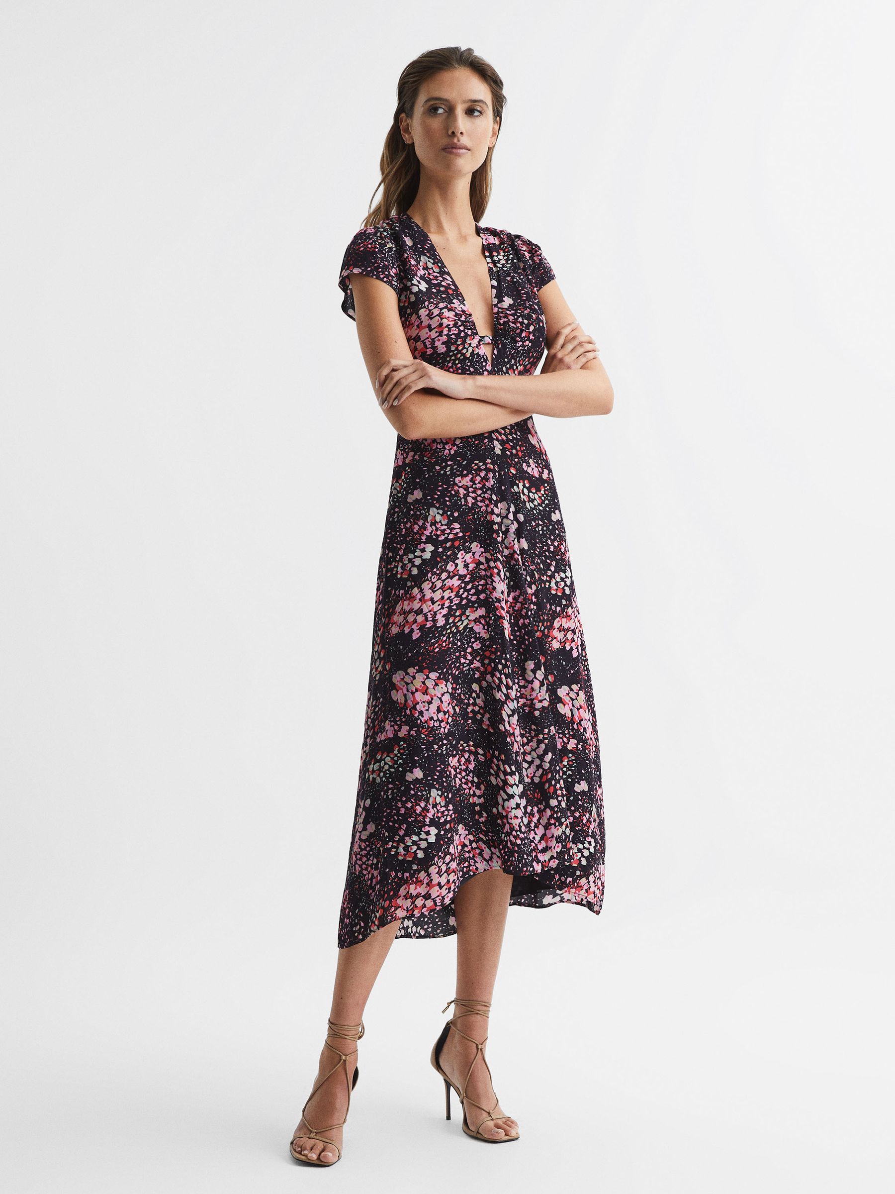 Reiss Fitted Wrap Design Midi Dress in Ivory - REISS Reiss Fitted Wrap Design Midi Dress in Ivory - REISS