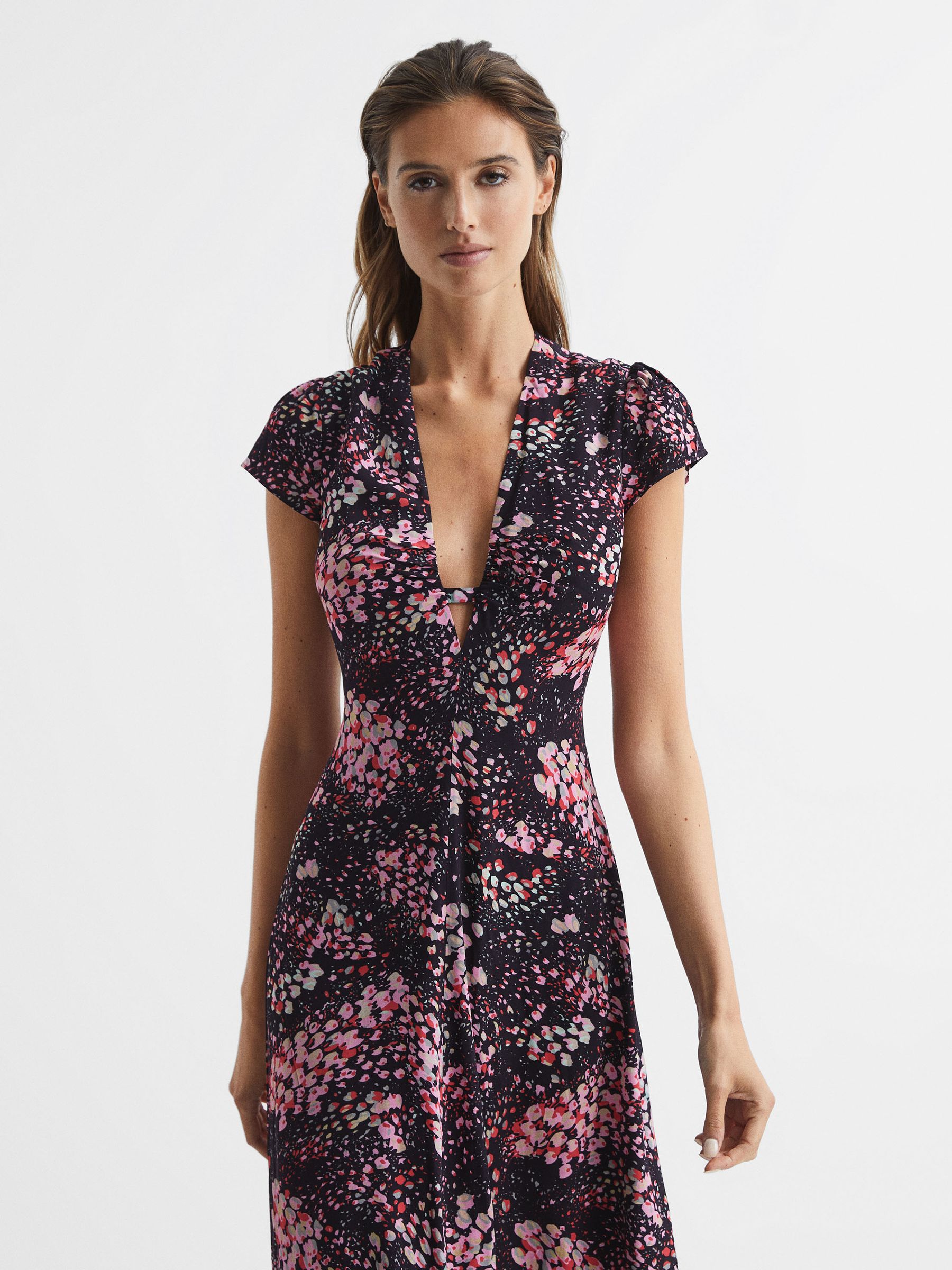 Animal Print Fitted Midi Dress in Black/Pink - Image 3 of 6