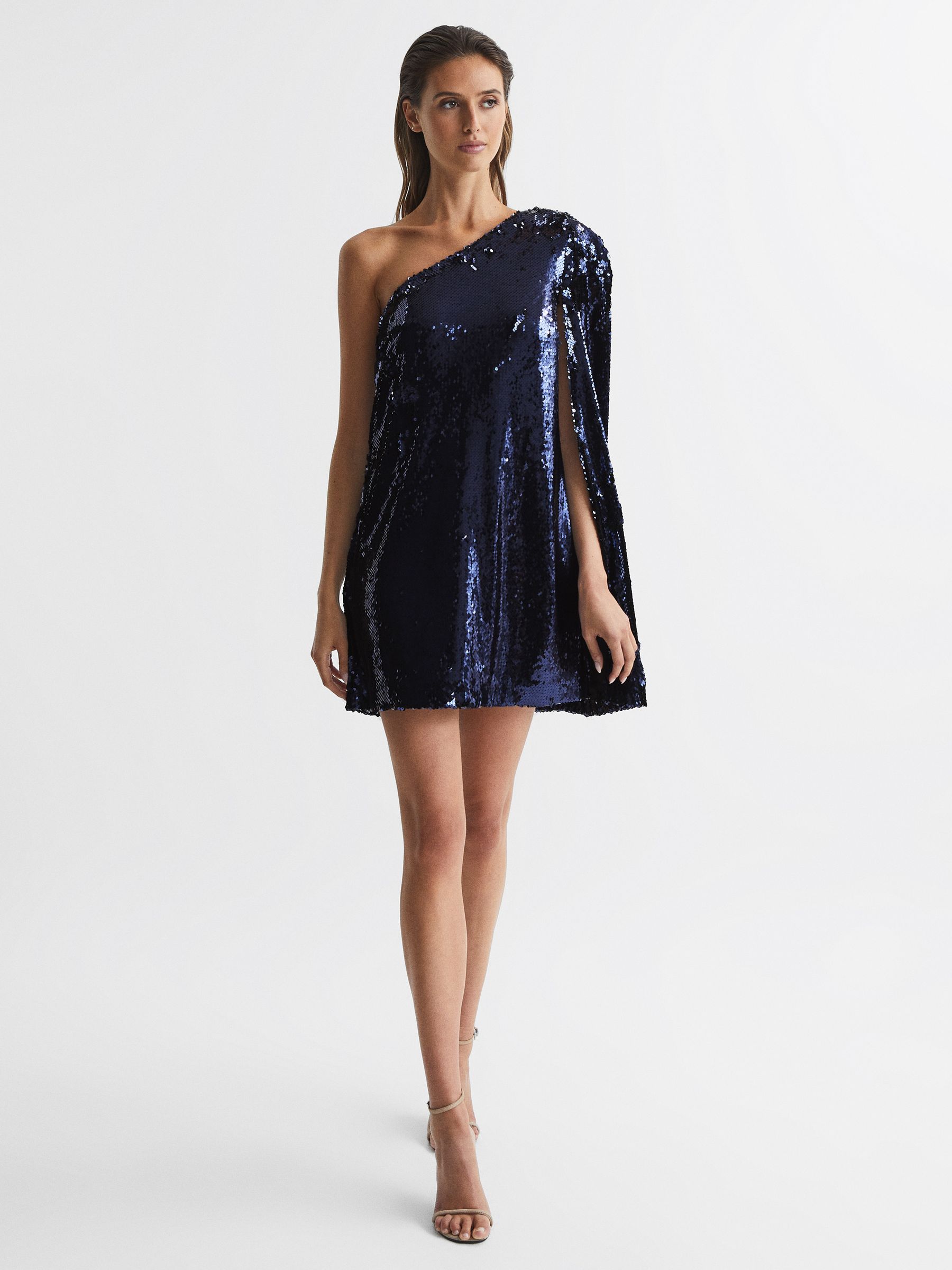 Sequin Cape One Shoulder Mini Dress in Blue - Image 1 of 6